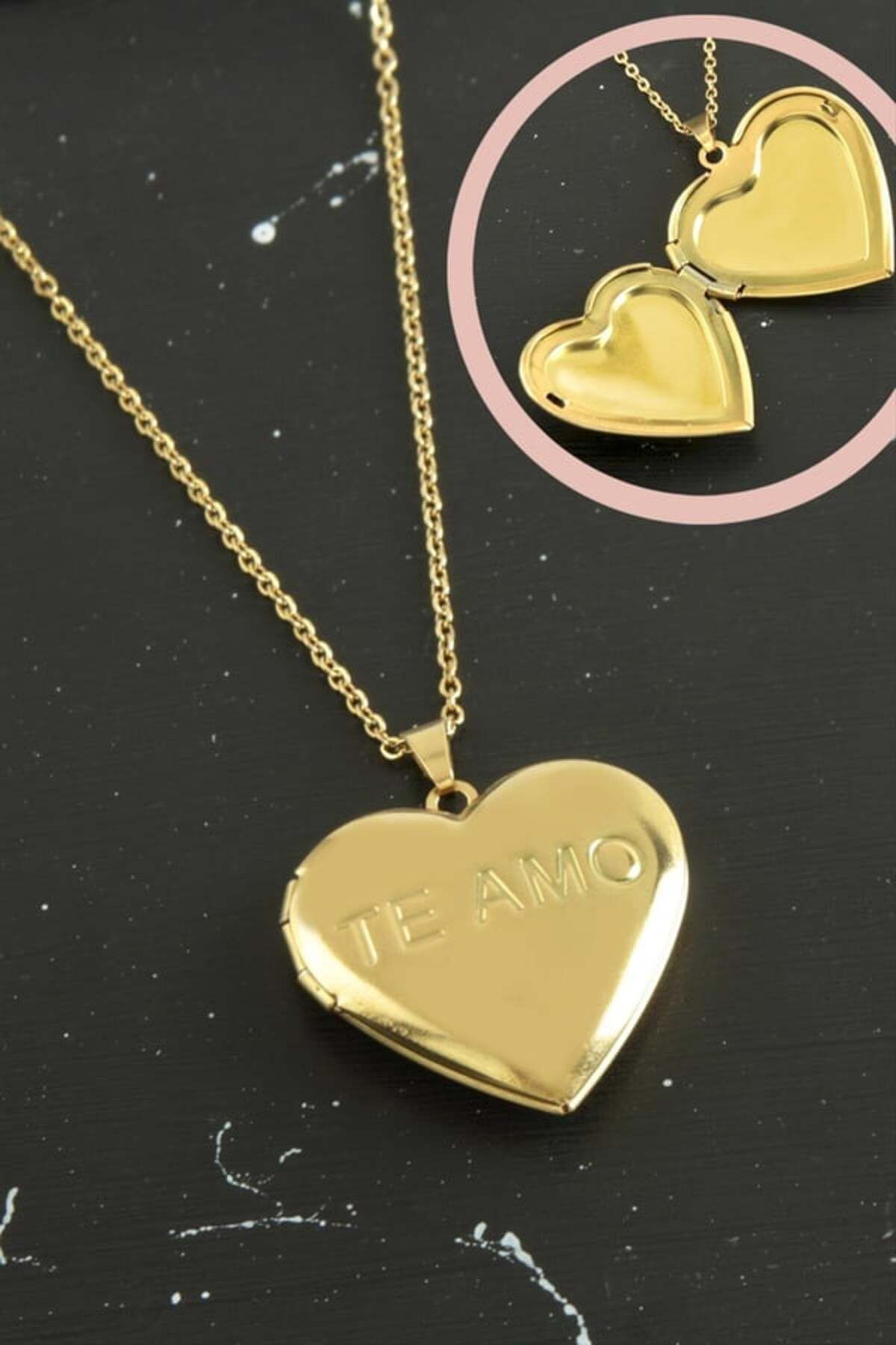 ASD TAKI Te Amo Yazılı Kalp Kapaklı Çelik Kolye | 60 cm | “Seni Seviyorum” Temalı