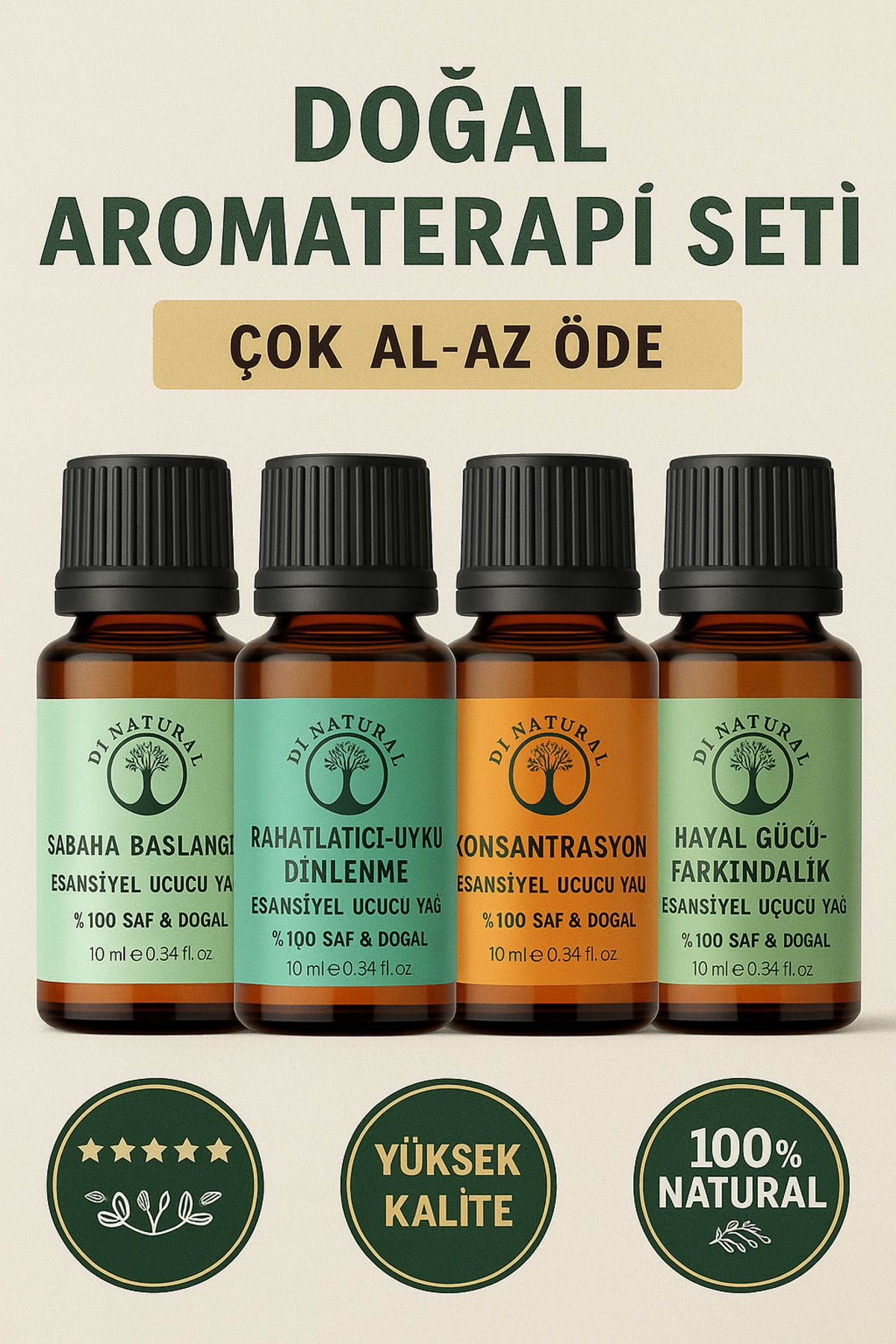 di naturel 4'lü Set Uçucu Yağ %100 Saf Doğal Esans Buhurdanlık Difüzör Oda Esansı 10 ml