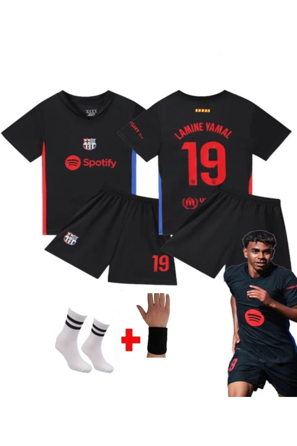 yenteks Barcelona. 24/25 Sezon Siyah Deplasman Lamine Yamal Çocuk Forması 4lü Set Çorap+Biliklik Hediye