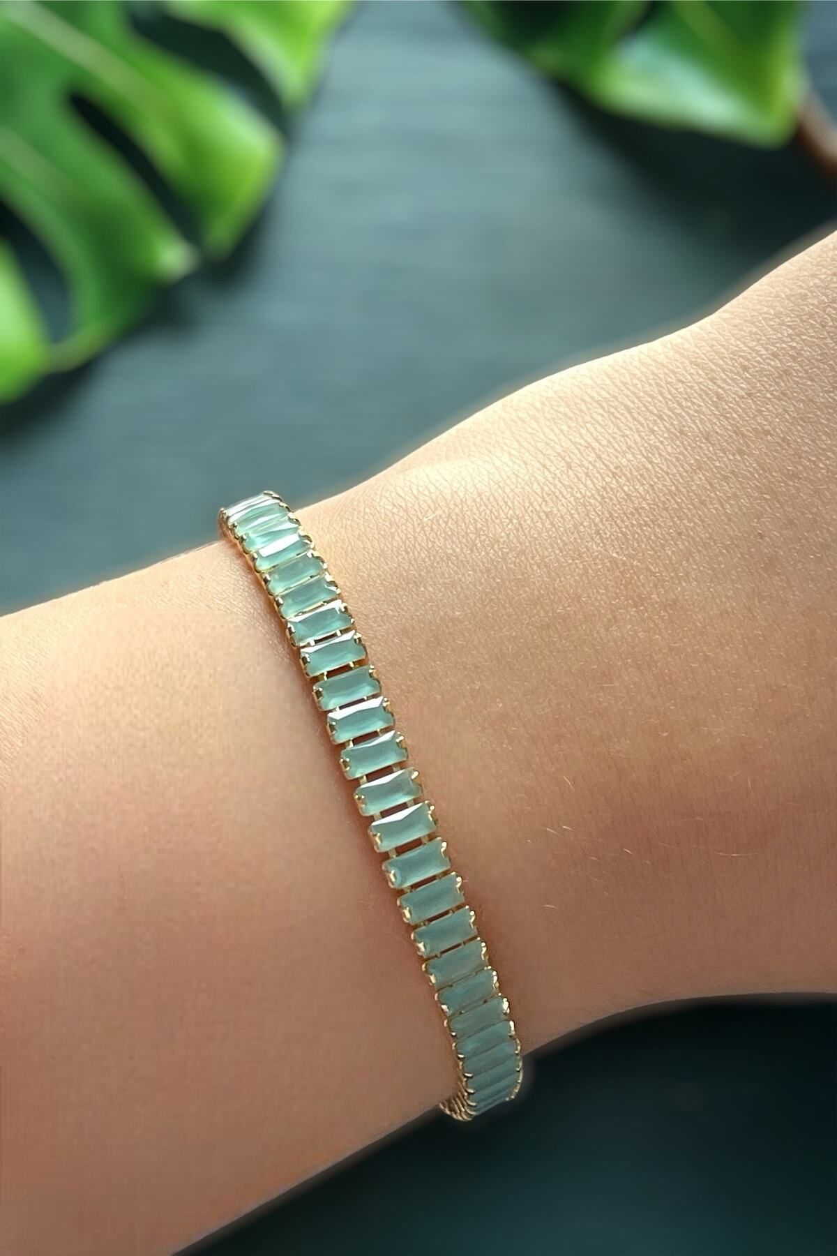 Bymiel Opak Mavi Zirkon Taşlı Baget Model Su Yolu Gold Bileklik
