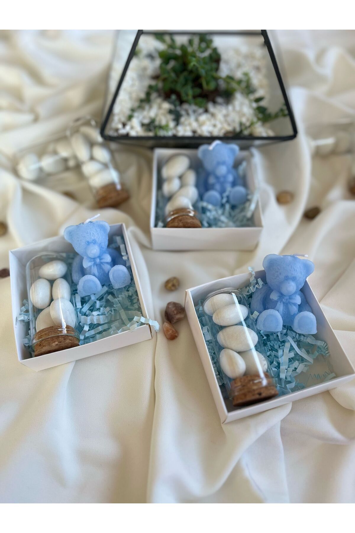 CEA Bebek Hediyelikleri - (10 ADET) Mavi Ayıcık Mum ve Badem Şekeri Şişesi Seti
