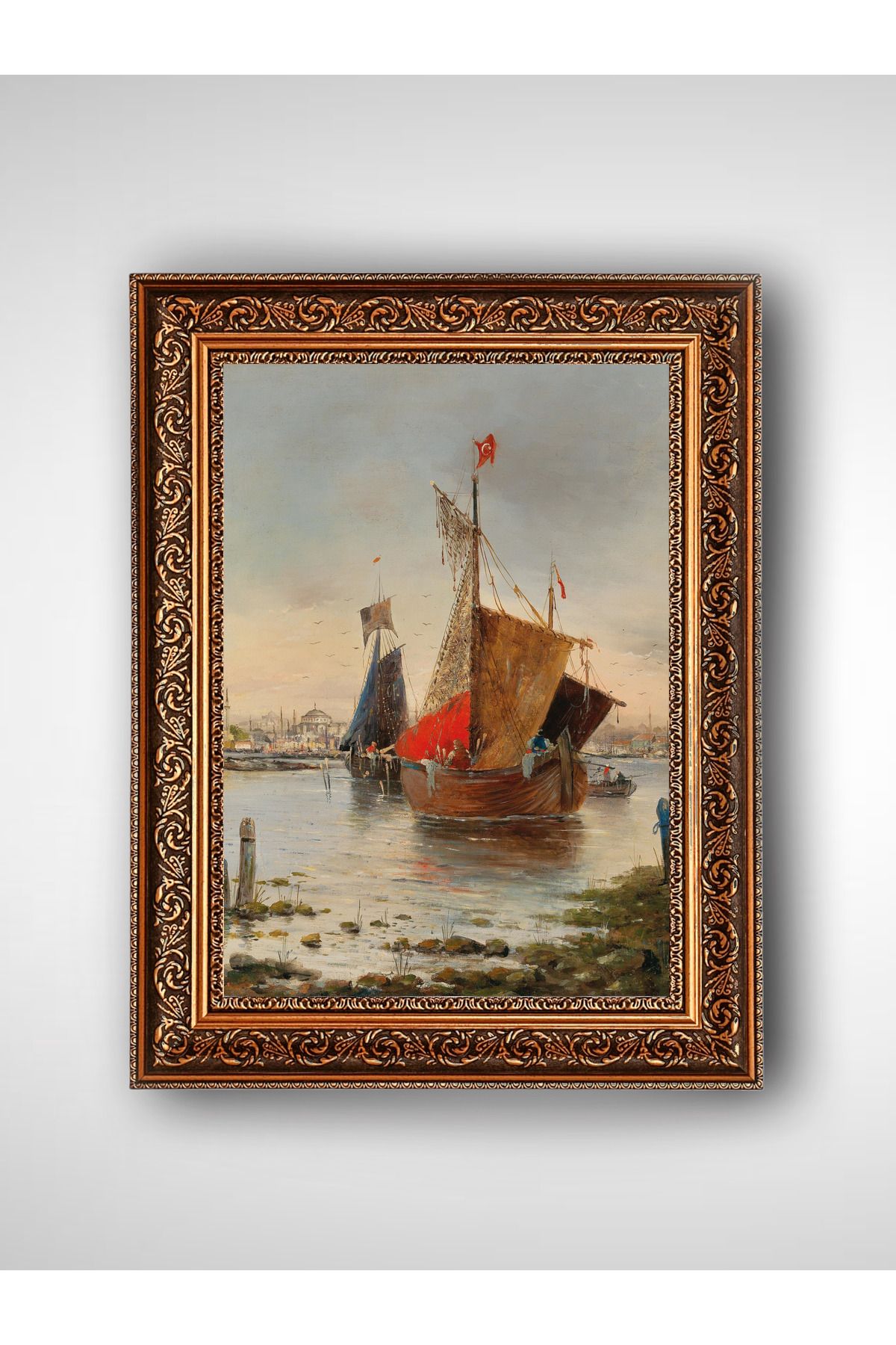WoodyArts Türk Bayraklı Gemi - Altın Renkli Vintage Çerçeve