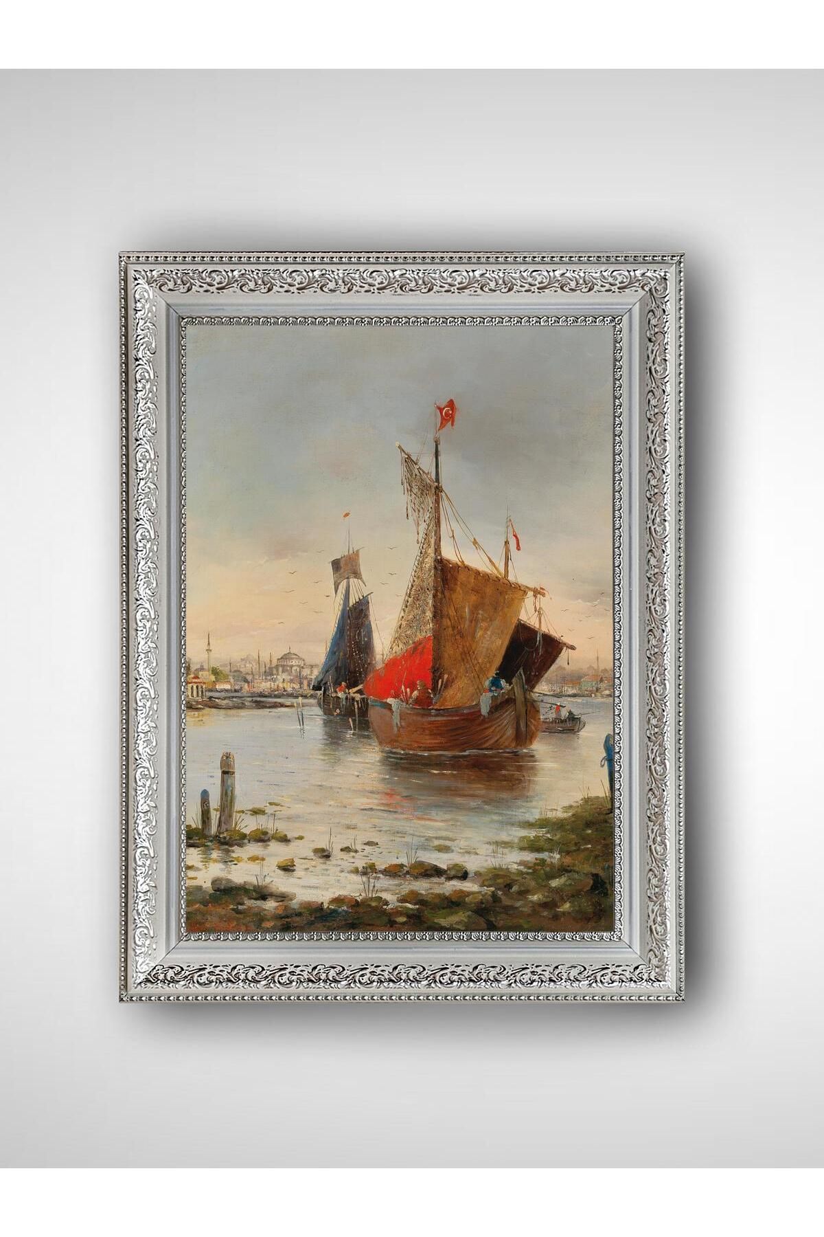 WoodyArts Türk Bayraklı Gemi - Beyaz Vintage Çerçeve