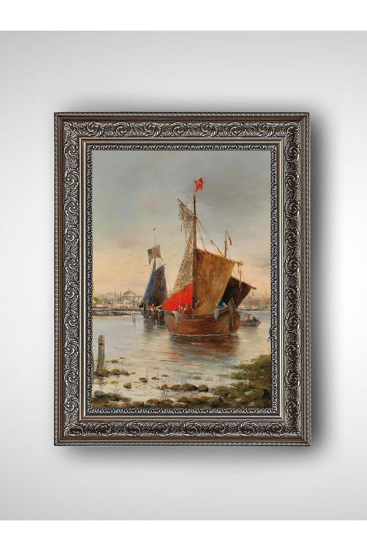 WoodyArts Türk Bayraklı Gemi - Gri Vintage Çerçeve