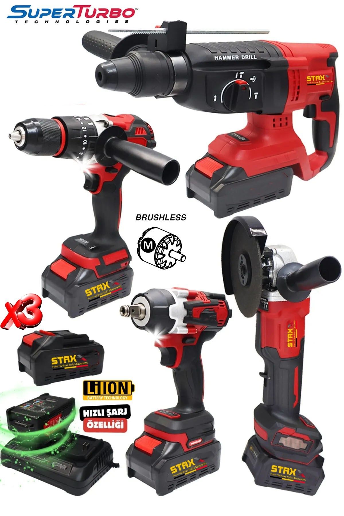 STAXX POWER Mega 4'lü RED 10Pilli x3 Bataryalı Profesyonel Şarjlı Kırıcı Delici Somun Sökme Taşlama Matkap Seti