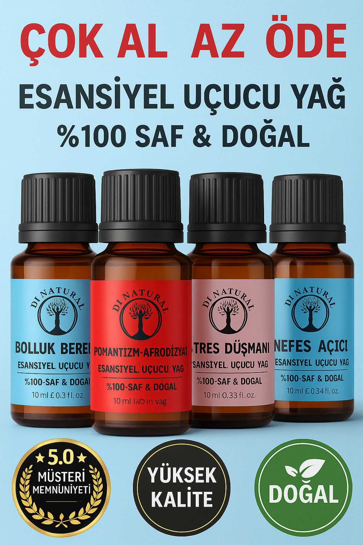 di naturel 4'lü 2. Set Uçucu Yağ %100 Saf Doğal Esans Buhurdanlık Difüzör Oda Esansı 10 ml