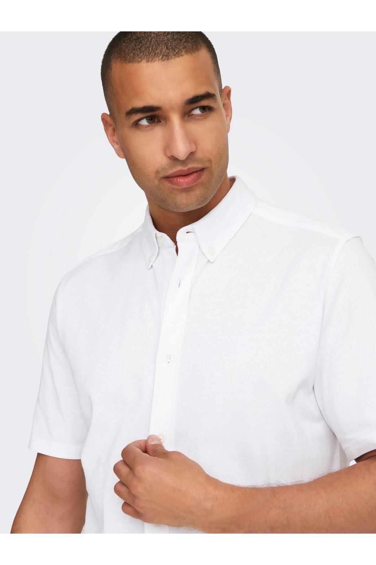 Only & Sons ONSTARP SLIM PIQUE BTN DOWN SS SHIRT Erkek Beyaz KK Gömlek - 22026106