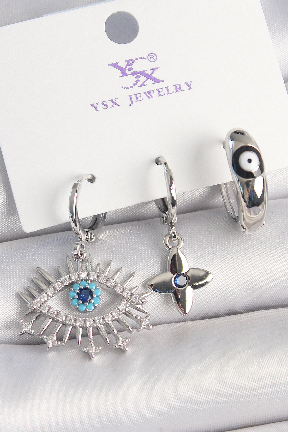 Skygo-Brass Silver Color Zircon Stone Eye Model Evil Eye Bead Detail 3-Piece Women's Combination Earrings - Tj-Bkp10440 1