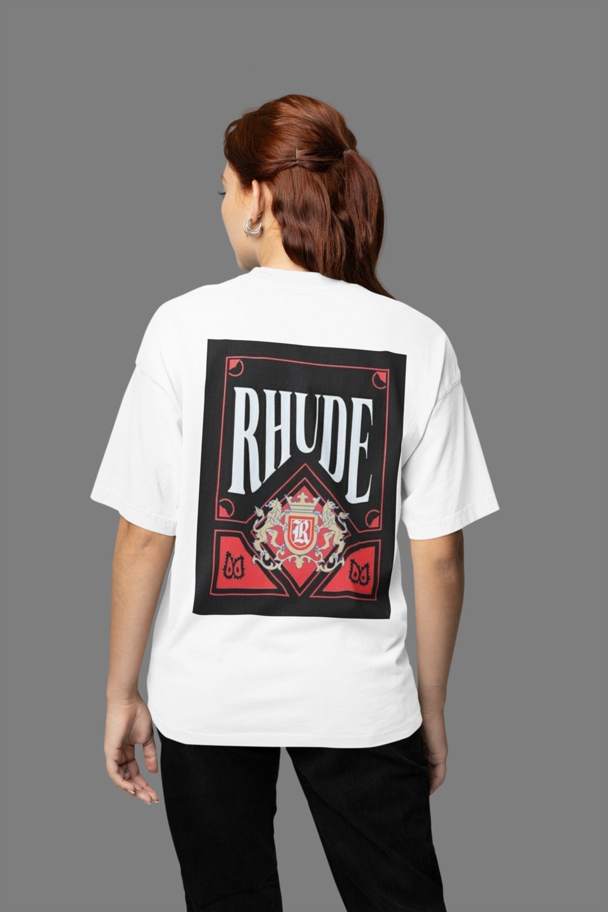 MAGORS RHUDE SIRT BASKILI BİSİKLET YAKA PAMUKLU OVERSIZE KALIP KISA KOLLU KADIN TSHIRT