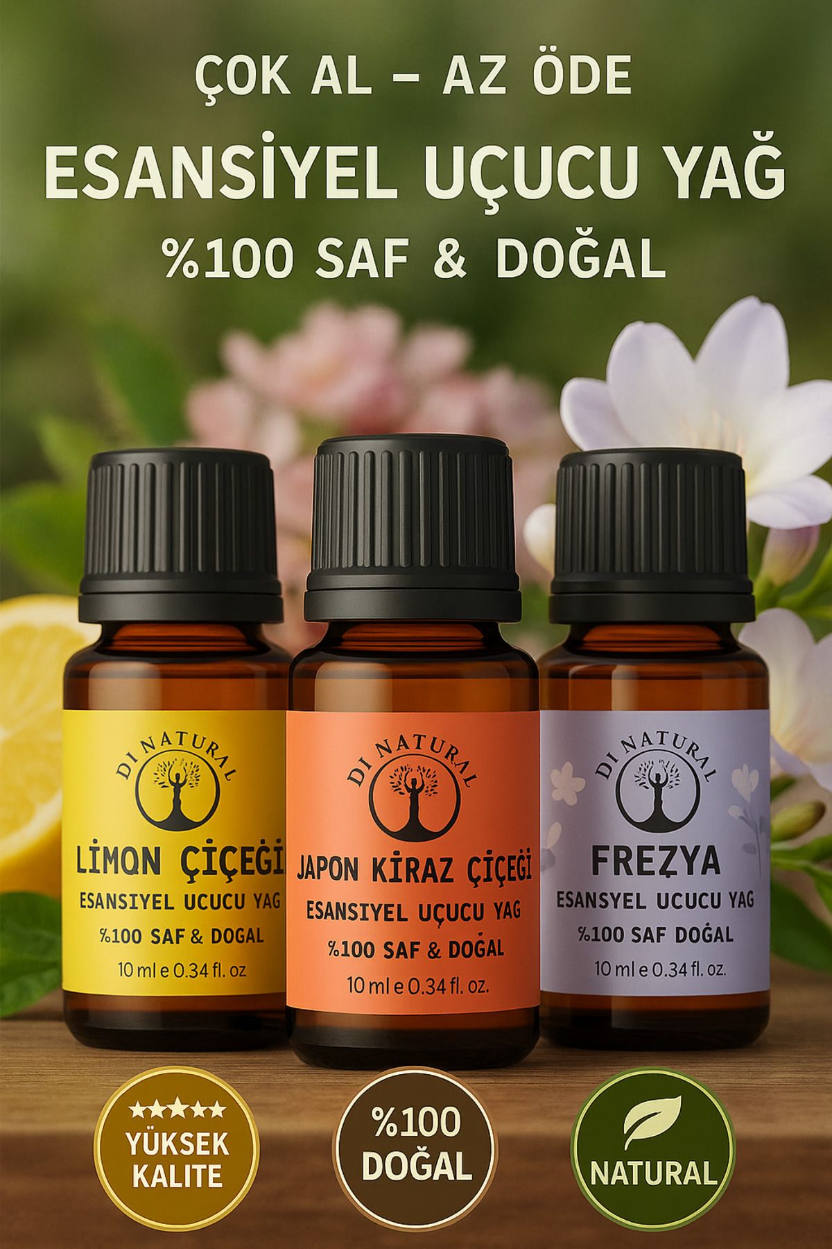 di naturel 3'lü 1. Set Uçucu Yağ %100 Saf Doğal Esans Buhurdanlık Difüzör Oda Esansı 10 ml
