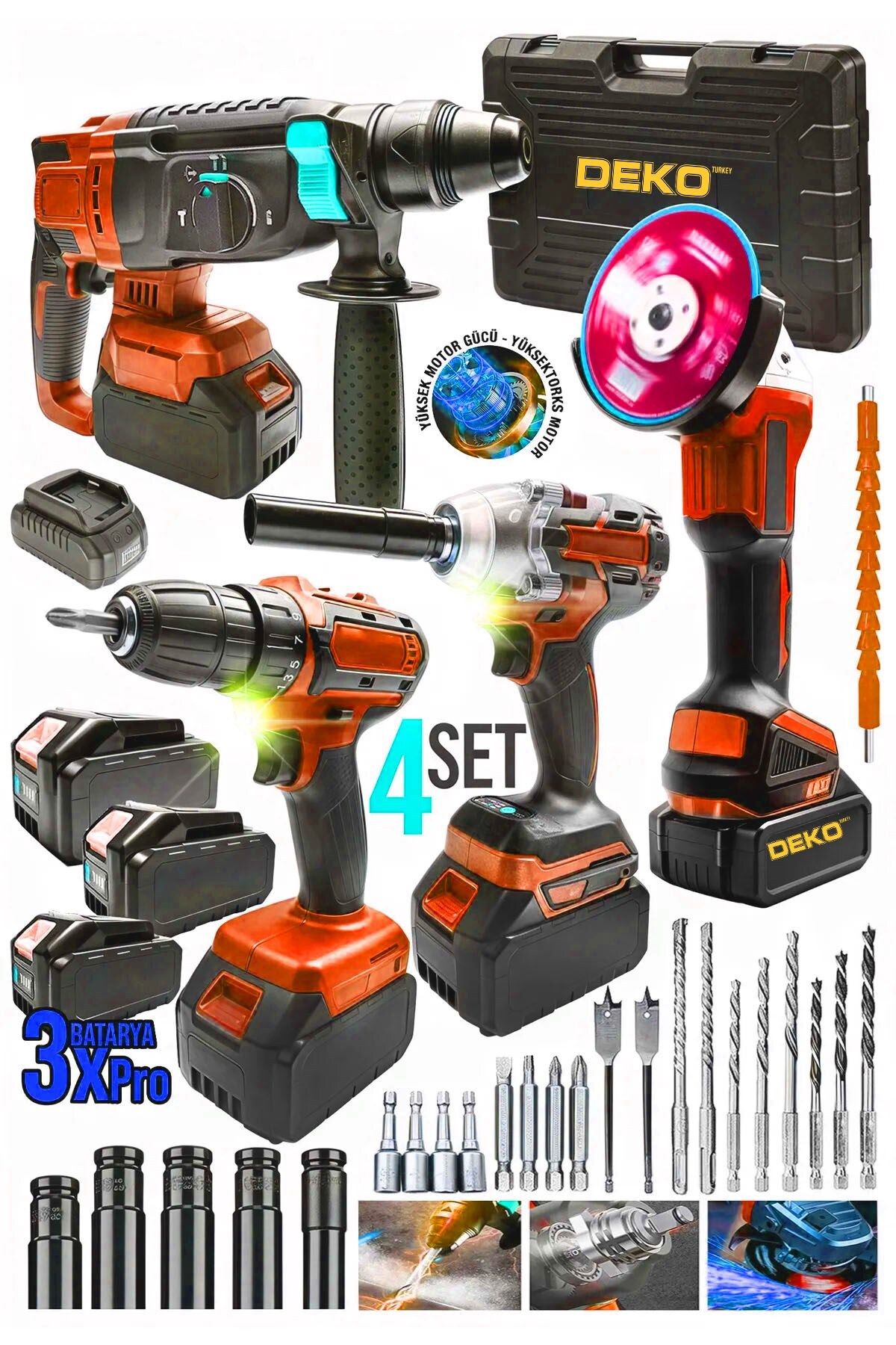 DEKO TURKEY 4'lü Set 21v 3.0ah Şarjlı Taşlama- Şarjlı Hilti-10mm Darbeli Şarjlı Matkap-şarjlı Somun Sıkma