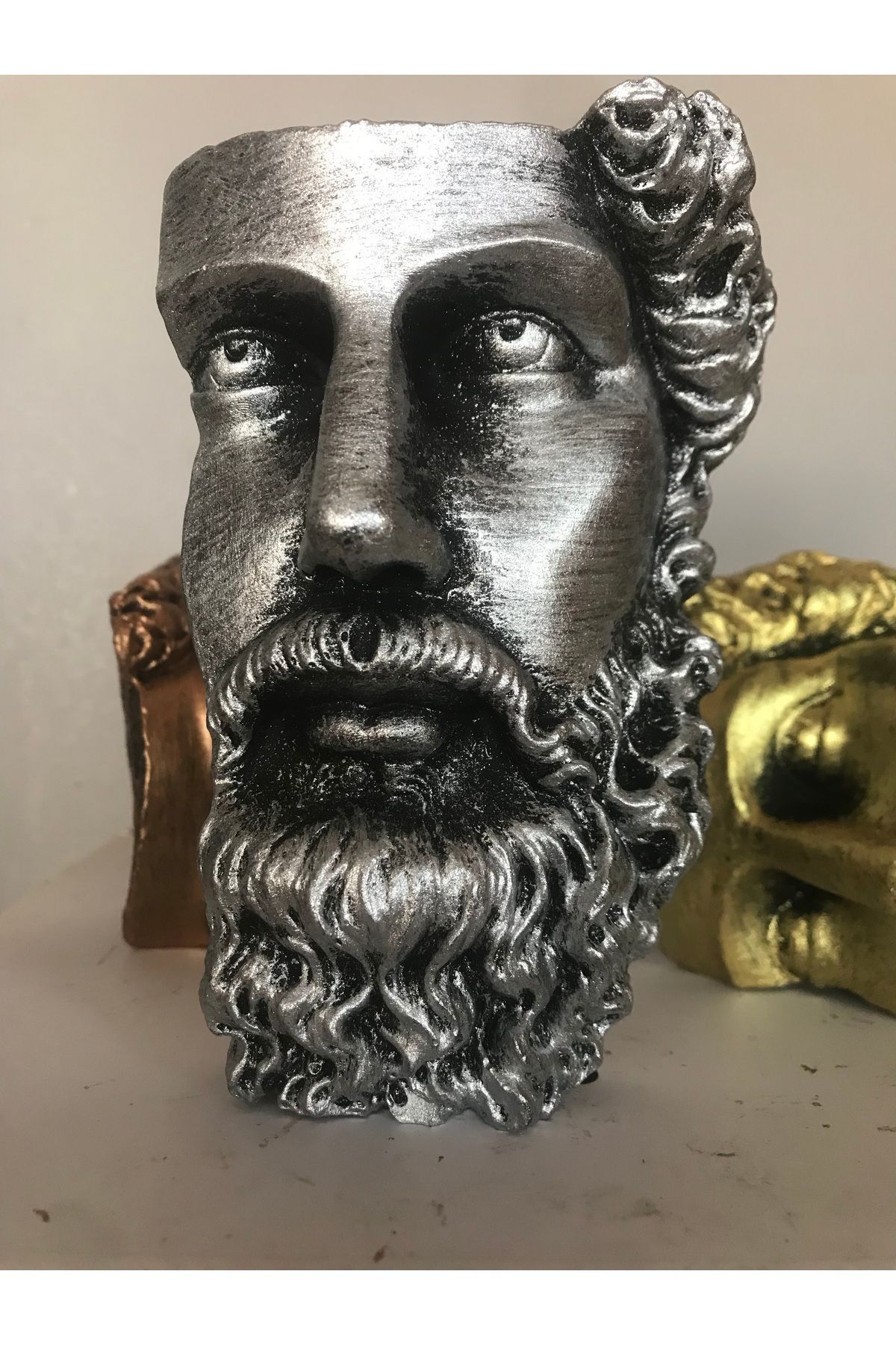 SerenityHaven Ev Dekor Dekoratif Gümüş Eskitme Poseidon Beton Biblo Heykel Duvar Dekoru