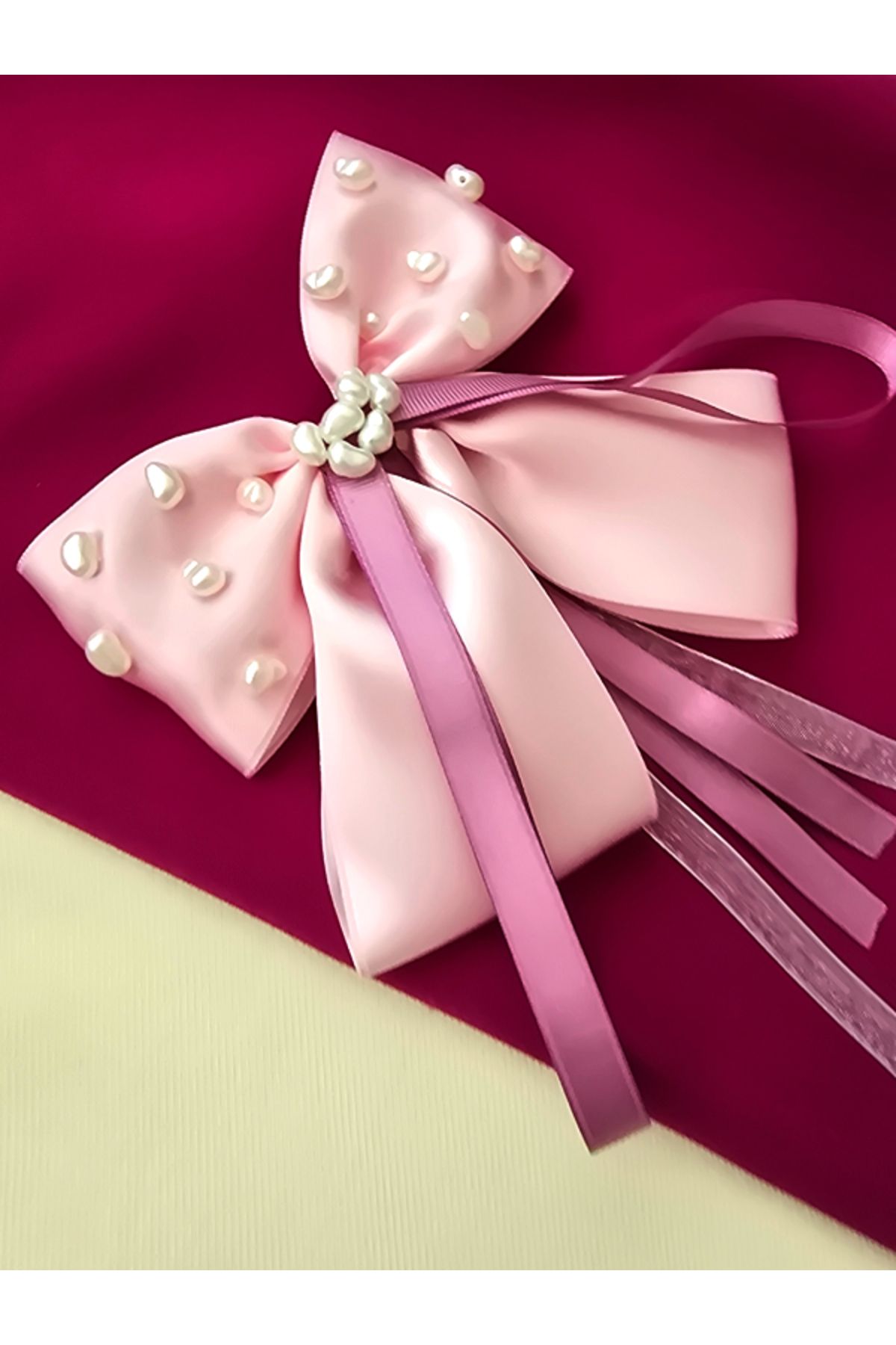 Riccoco Accessory Pembe Kurdele Fiyonk Toka İnci Detay Büyük Fiyonk Otomatik Toka