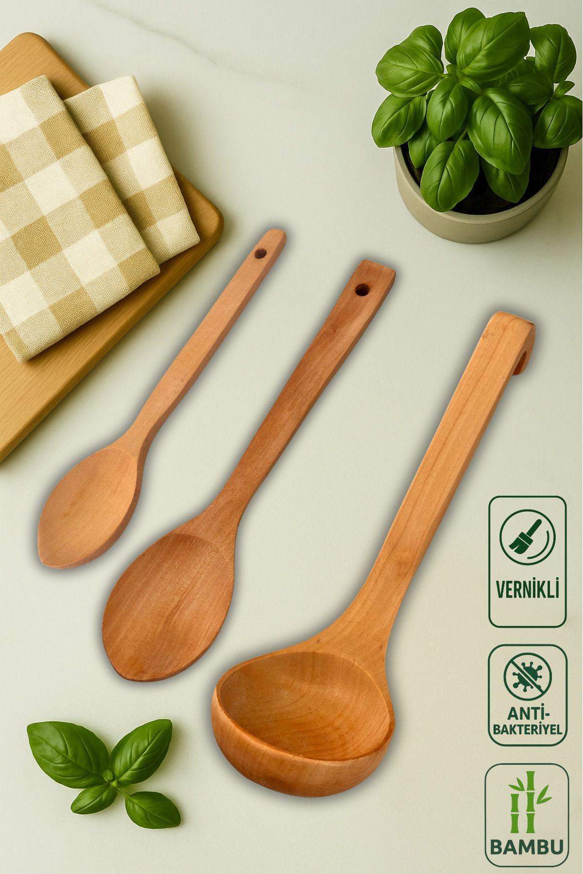 Ülgenev 3’lü %100 Doğal Bambu Servis Seti – Kepçe, Sos ve Servis Kaşığı