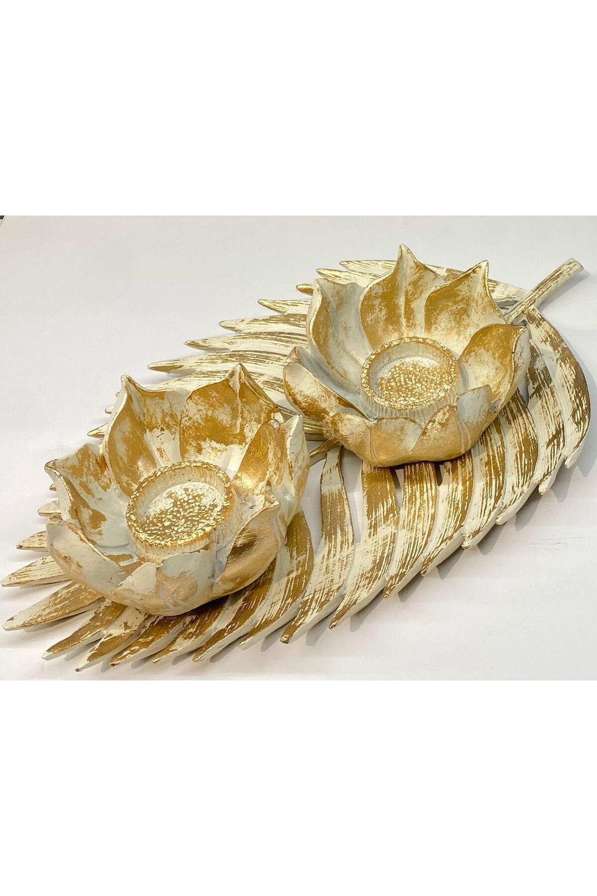 SerenityHaven Dekoratif Polyester İkili Çınar Yaprak Mumluk Krem Gold Eskitme