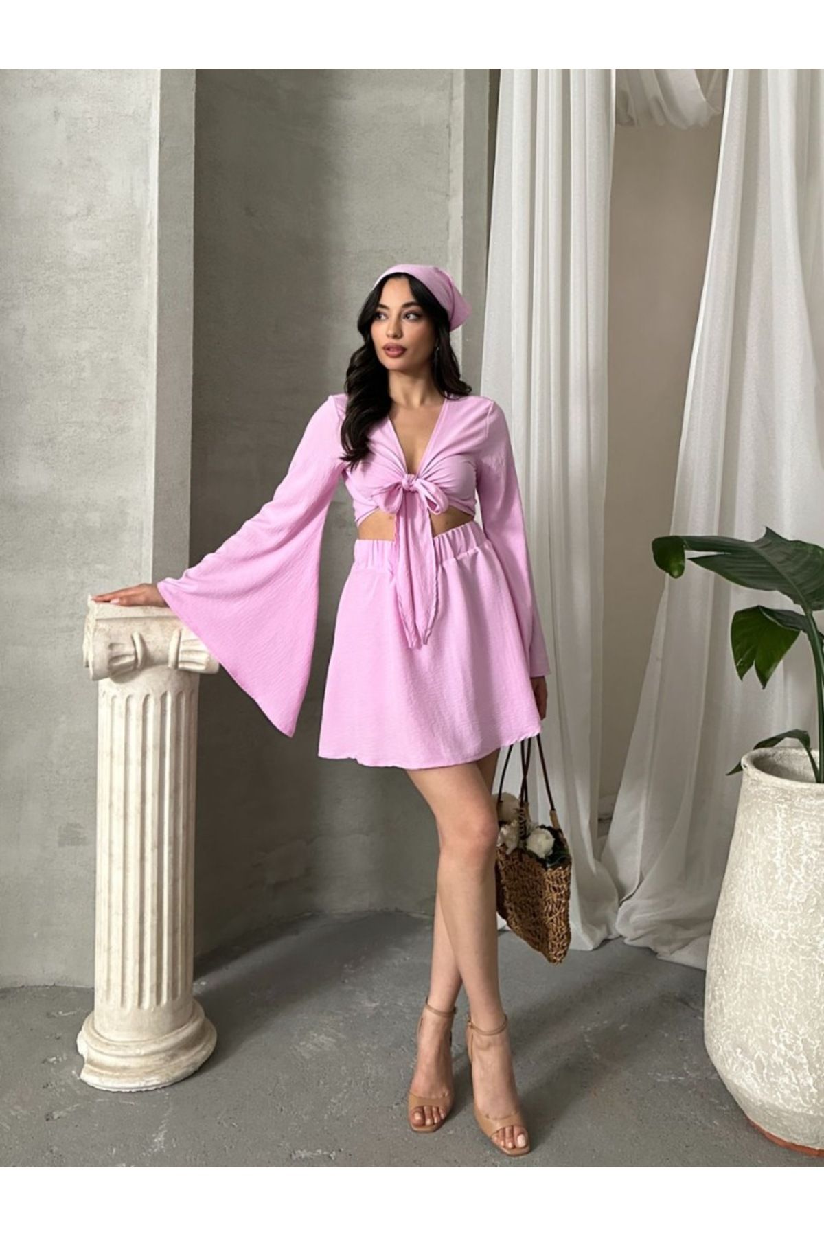 Defne Boutique Özel Tasarım Astarlı Şortlu Bandanalı Takım Pembe