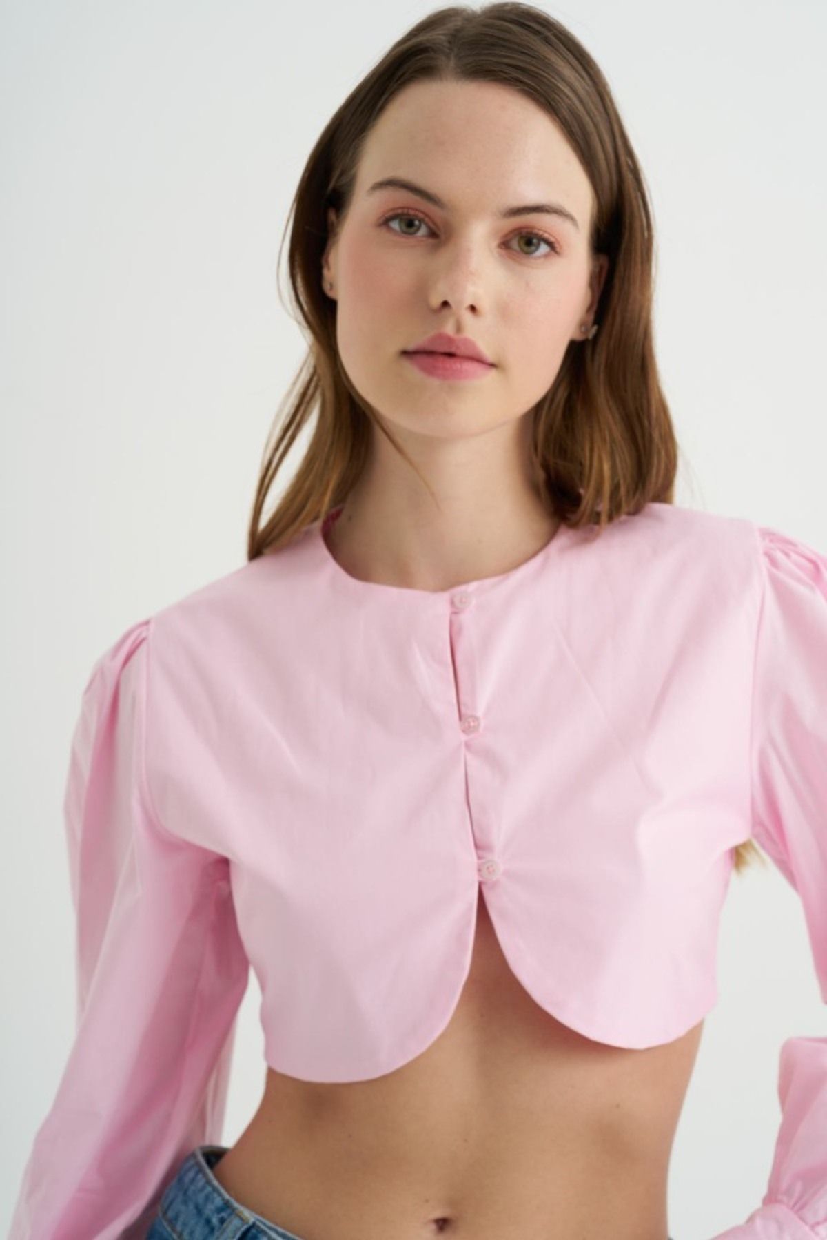 Defne Boutique Balon Kol Pembe Poplin Gömlek