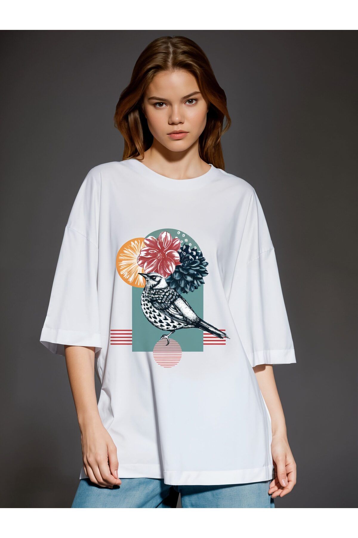 ELNOYA Unisex Pamuklu Beyaz Oversize "Kuş & Gül" Baskılı Bisiklet Yaka Rahat Günlük T-shirt