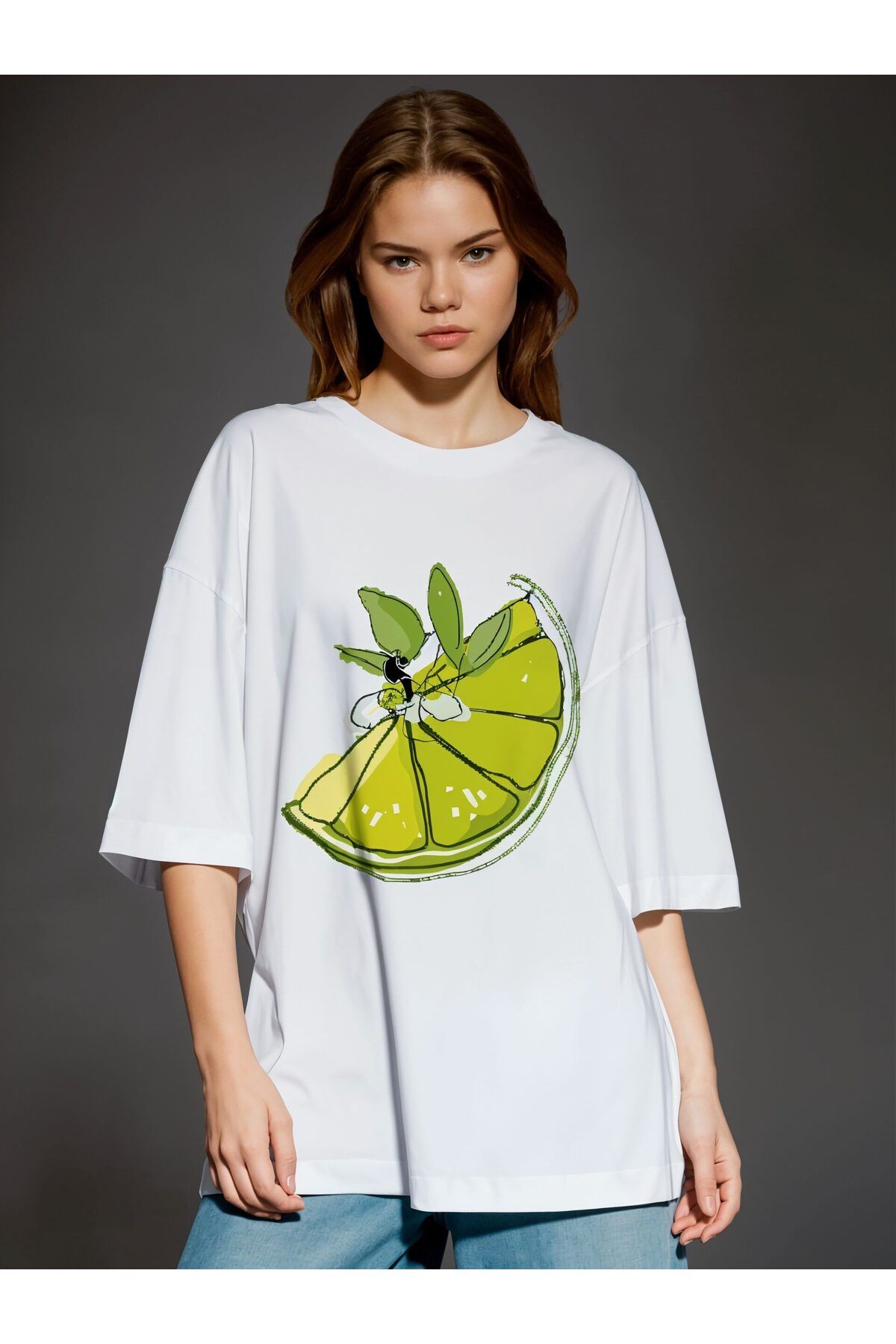 ELNOYA Unisex Pamuklu Beyaz Oversize "Yeşil Limon" Baskılı Bisiklet Yaka Rahat Günlük T-shirt