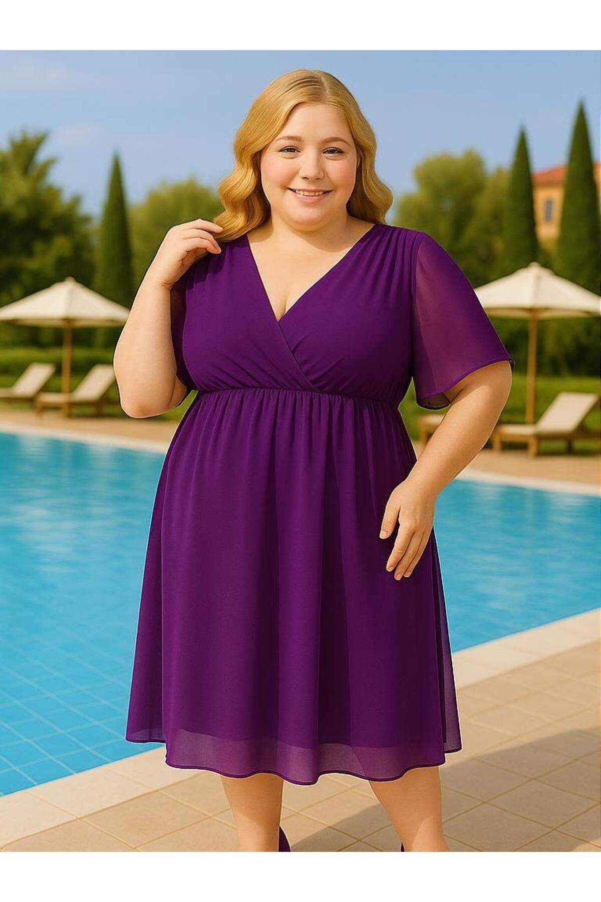 angelino butik Büyük Beden Beli Lastikli Pelerin Kol Rahat Şifon Elbise KL3096 Mor