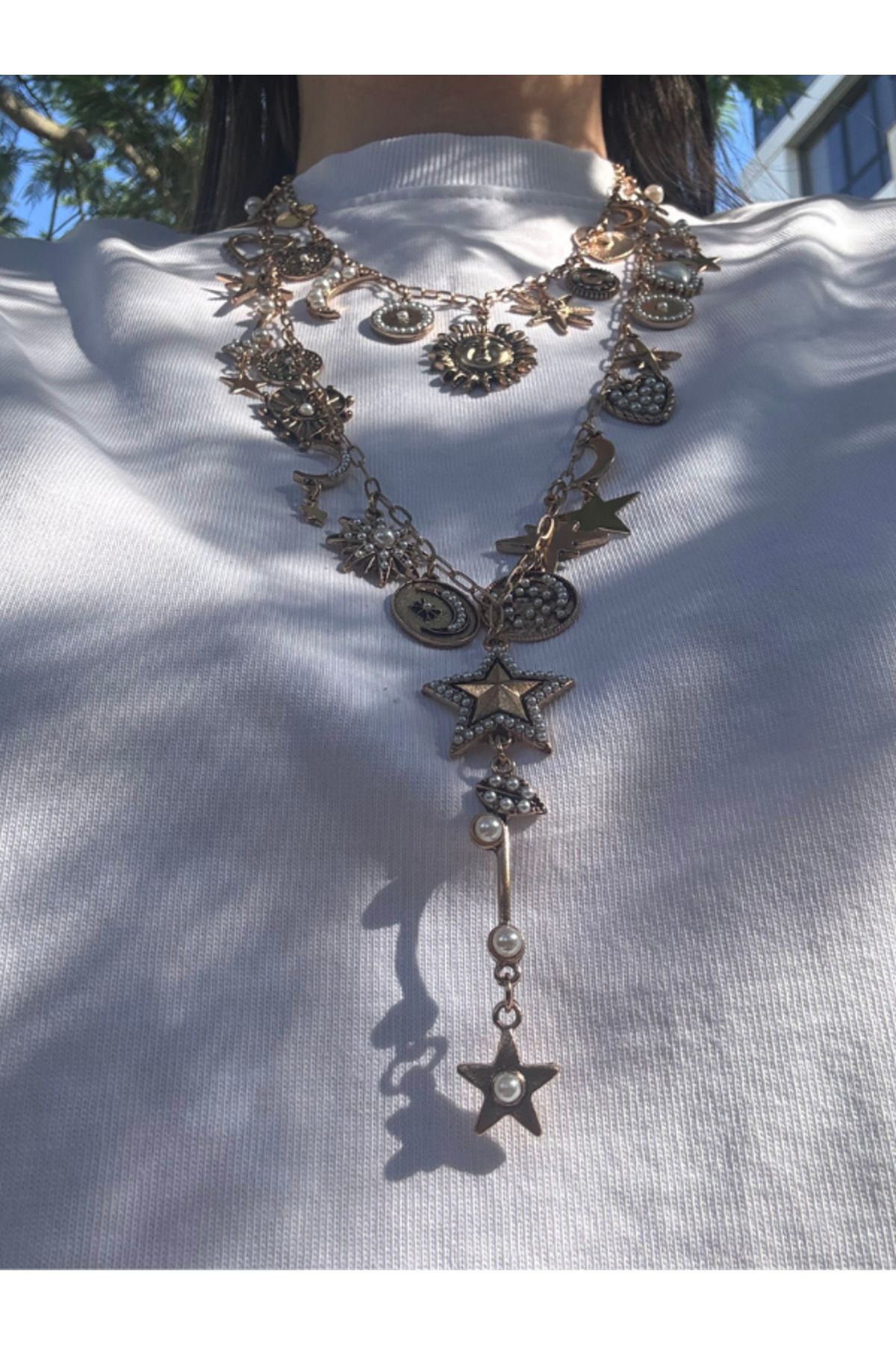 bijuxbymrv Vintage ZR İnci Detaylı Çoklu Kolye Bakır Renk