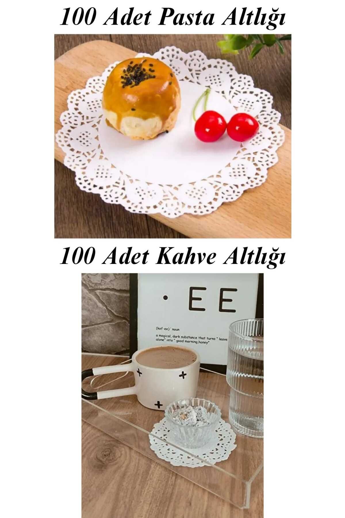 lawrenceshop 100 Adet Servis Desenli Beyaz Pasta Altlığı 21,5 Cm + 100 Adet Kahve Altlığı 8,5 Cm Kağıt Malzemesi