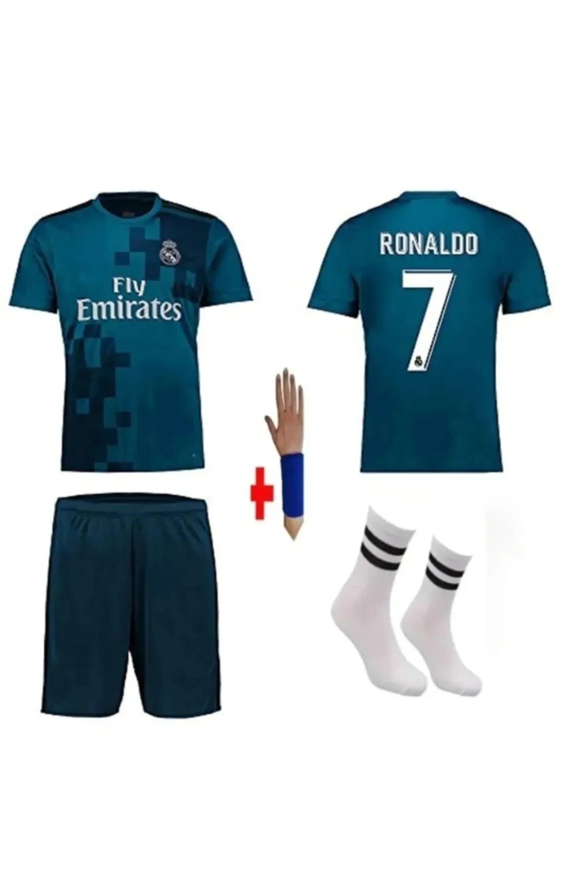 yenteks Cristiano Ronaldo Real.Madrid.2018 Turkuaz Rovaşita Çocuk Forması 4lü Set Çorap+Biliklik Hediye