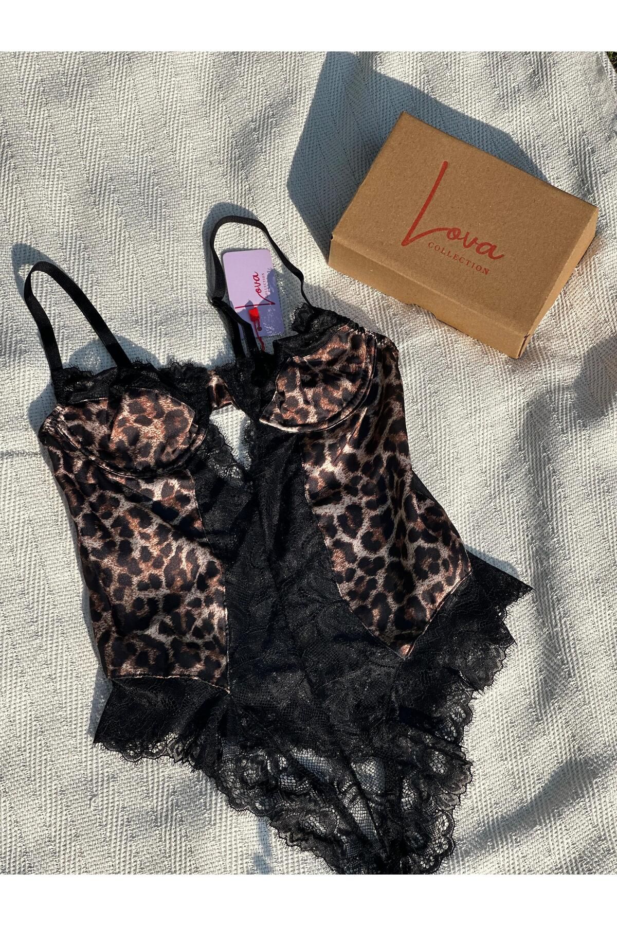 Lova Collection Leopar Desenli Saten Bodysuit