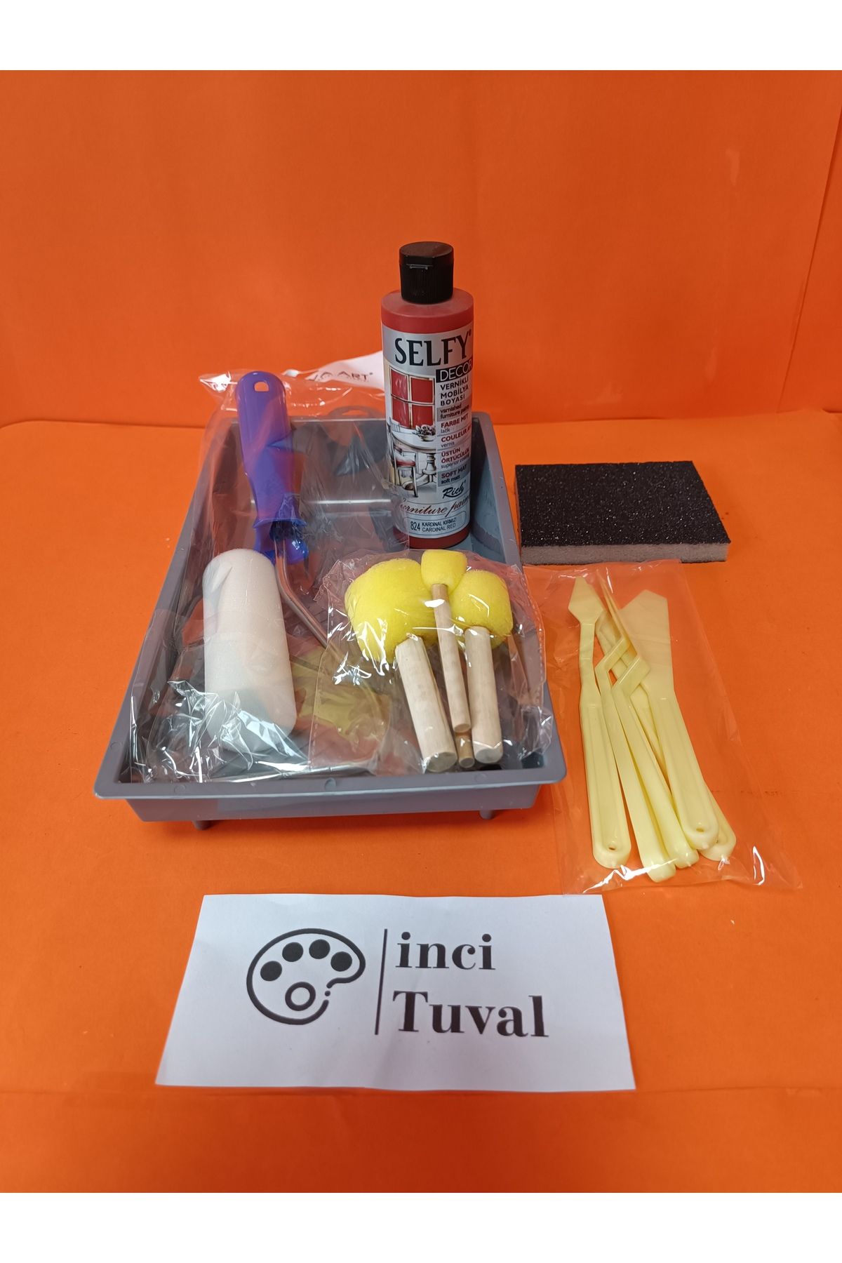 İNCİ TUVAL Mobilya Set Ahşap Boyama Selfy Decor Kardinal Kırmızı 240cc Boya Vernikli Ponpon Rulo Spatula
