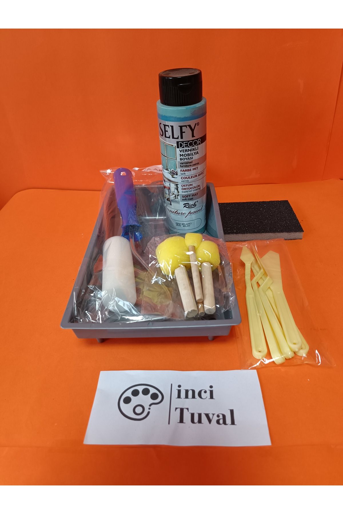 İNCİ TUVAL Mobilya Set Ahşap Boyama Selfy Decor Milano 500cc Boya Kendinden Vernik Ponpon Rulo Spatula