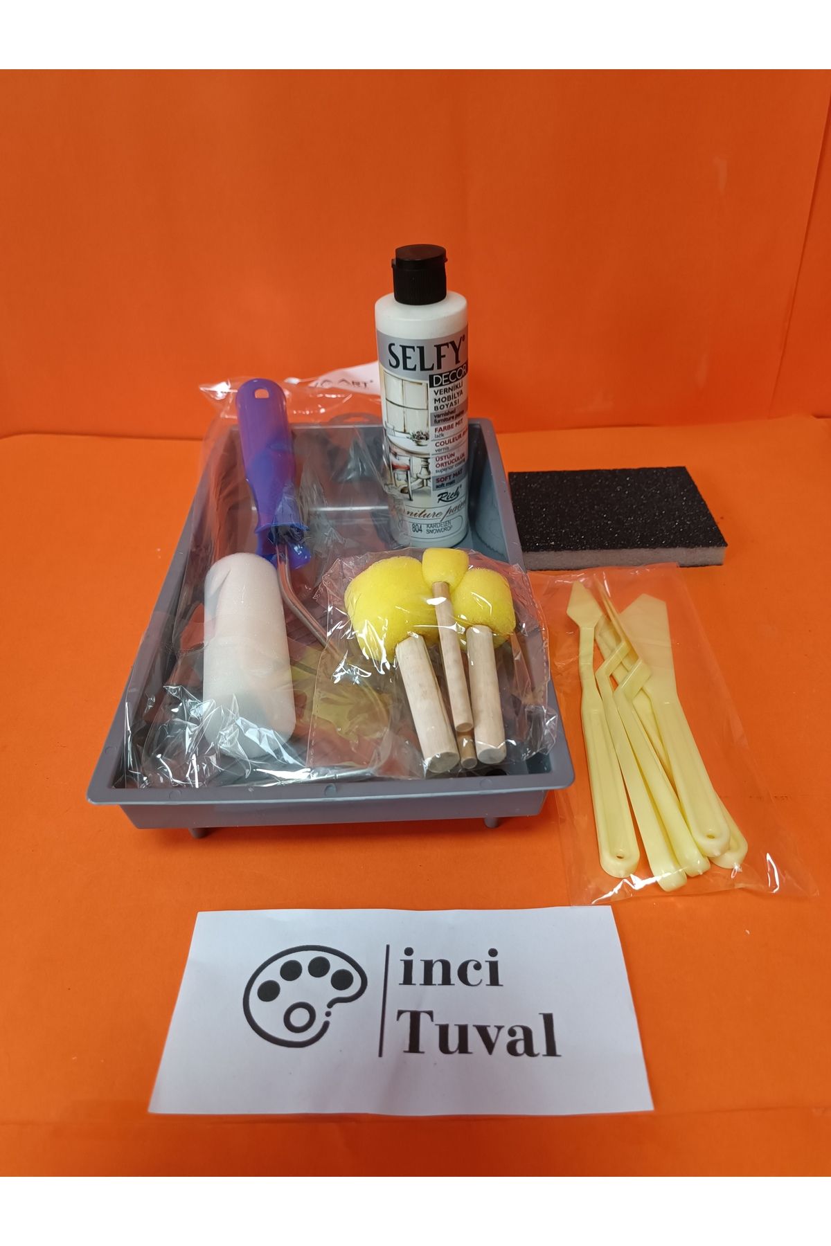 İNCİ TUVAL Mobilya Set Ahşap Boyama Selfy Decor Kardelen 240cc Boya Kendinden Vernik Ponpon Rulo Spatula