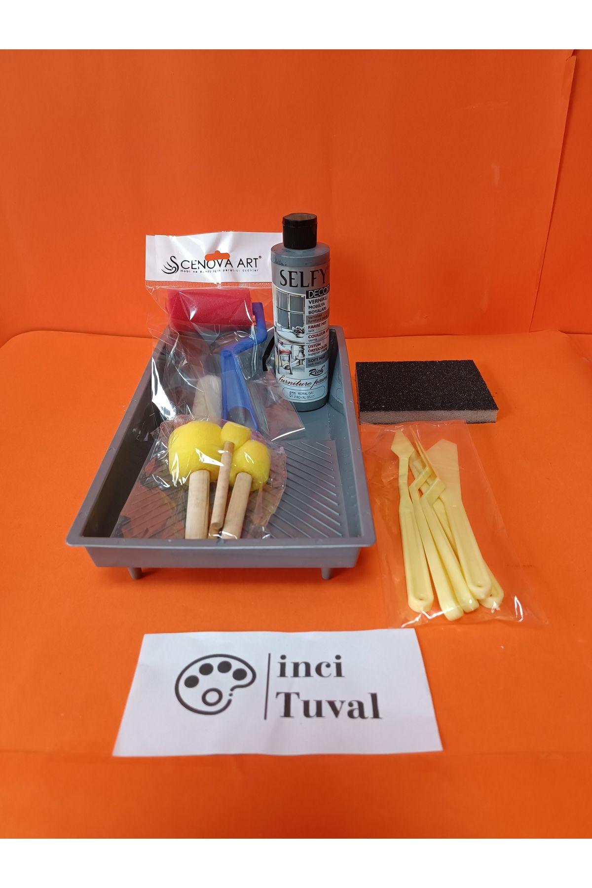 İNCİ TUVAL Mobilya Set Ahşap Boyama Selfy Decor Royal Gri 240cc Boya Kendinden Vernik Ponpon Çift Rulo