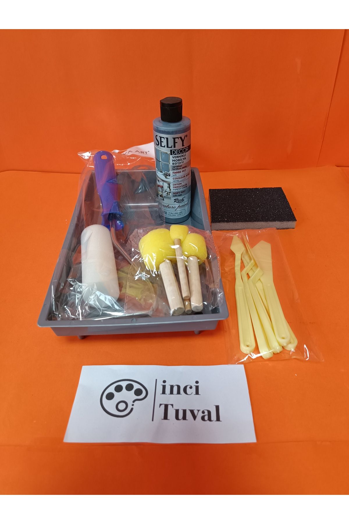 İNCİ TUVAL Mobilya Set Ahşap Boyama Selfy Decor İtalyan Gri 240cc Boya Kendinden Vernik Ponpon Rulo Spatula