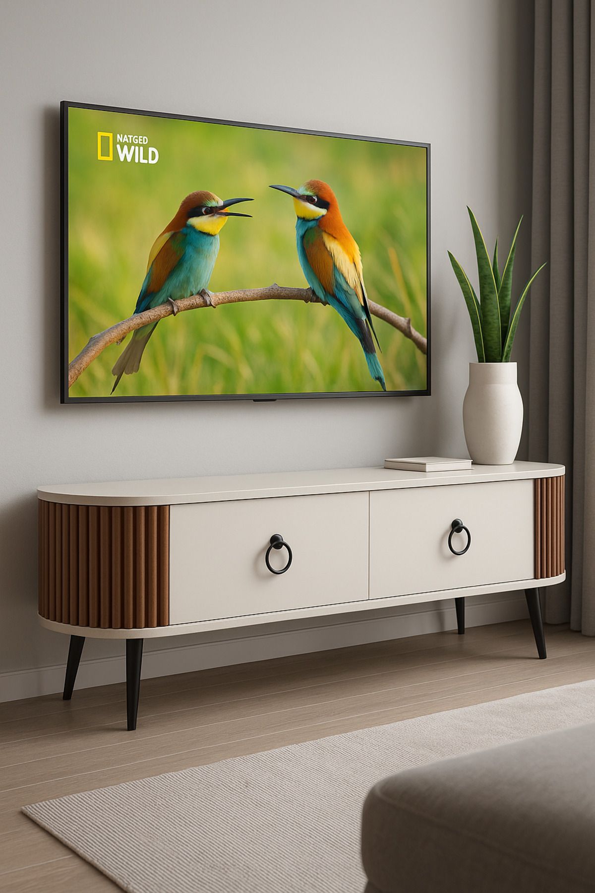 mokaparkavm Linea Ovallı Çıtalı Şık ve Fonksiyonel Tasarım TV Ünitesi – 120 cm