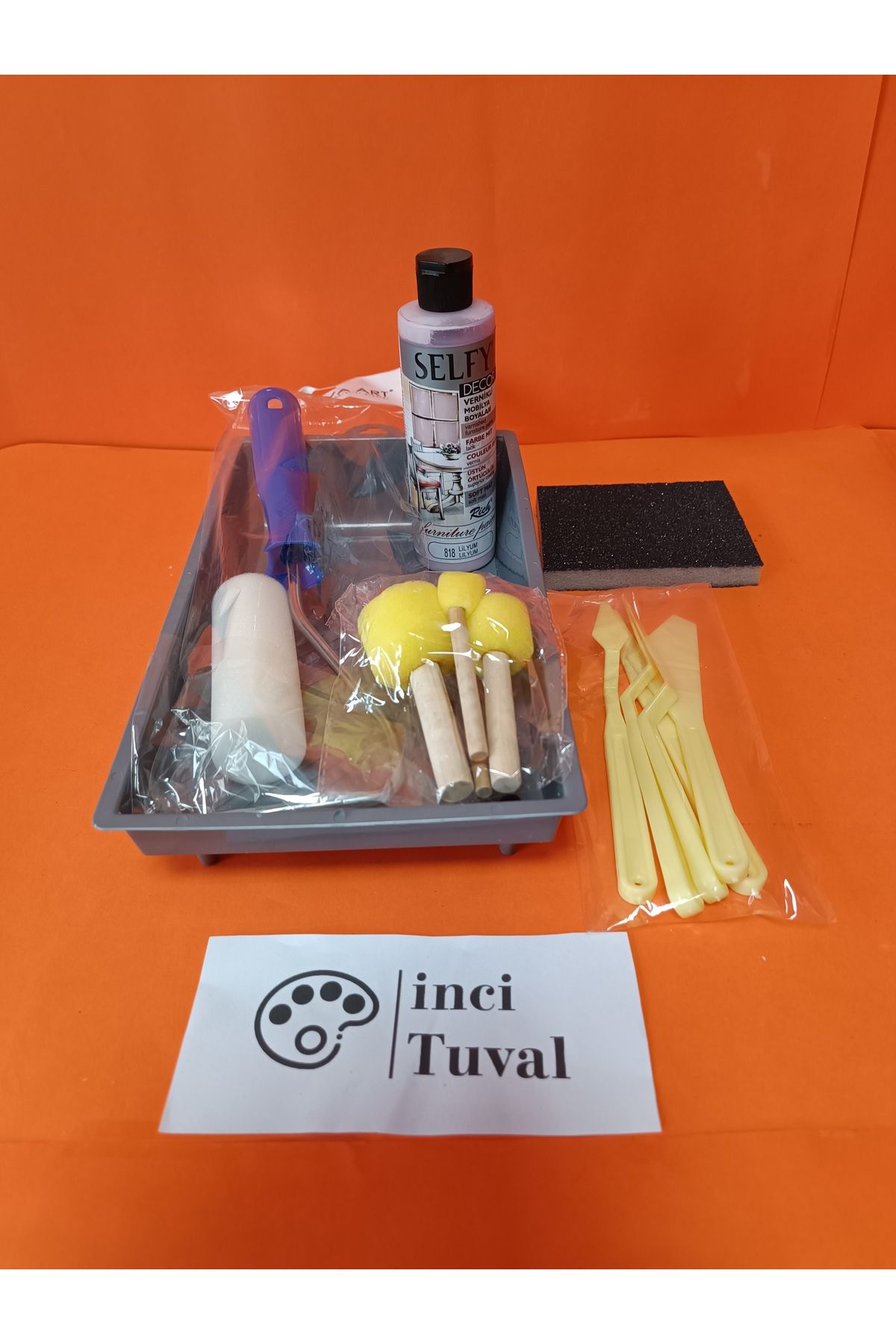 İNCİ TUVAL Mobilya Set Ahşap Boyama Selfy Decor Lilyum 240cc Boya Kendinden Vernik Ponpon Rulo Spatula