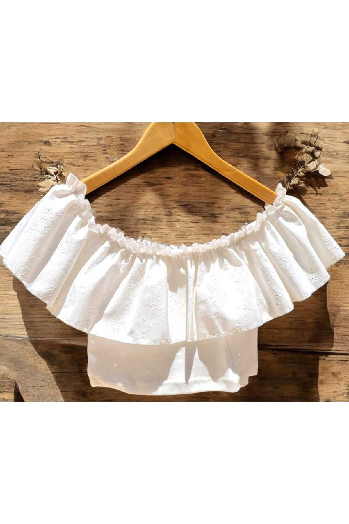 Pupa Crop Omzu Açık Bluz Madonna Yaka Fırfırlı