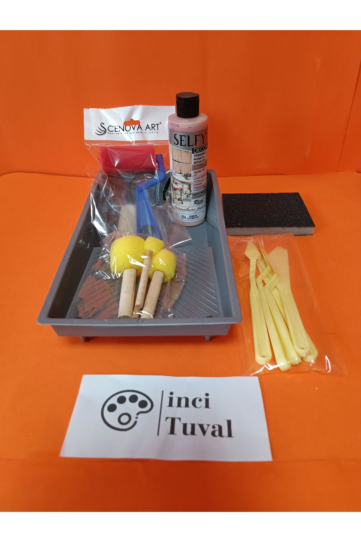 İNCİ TUVAL Mobilya Set Ahşap Boyama Selfy Decor Armoni 240cc Boya Kendinden Vernik Ponpon Çift Rulo