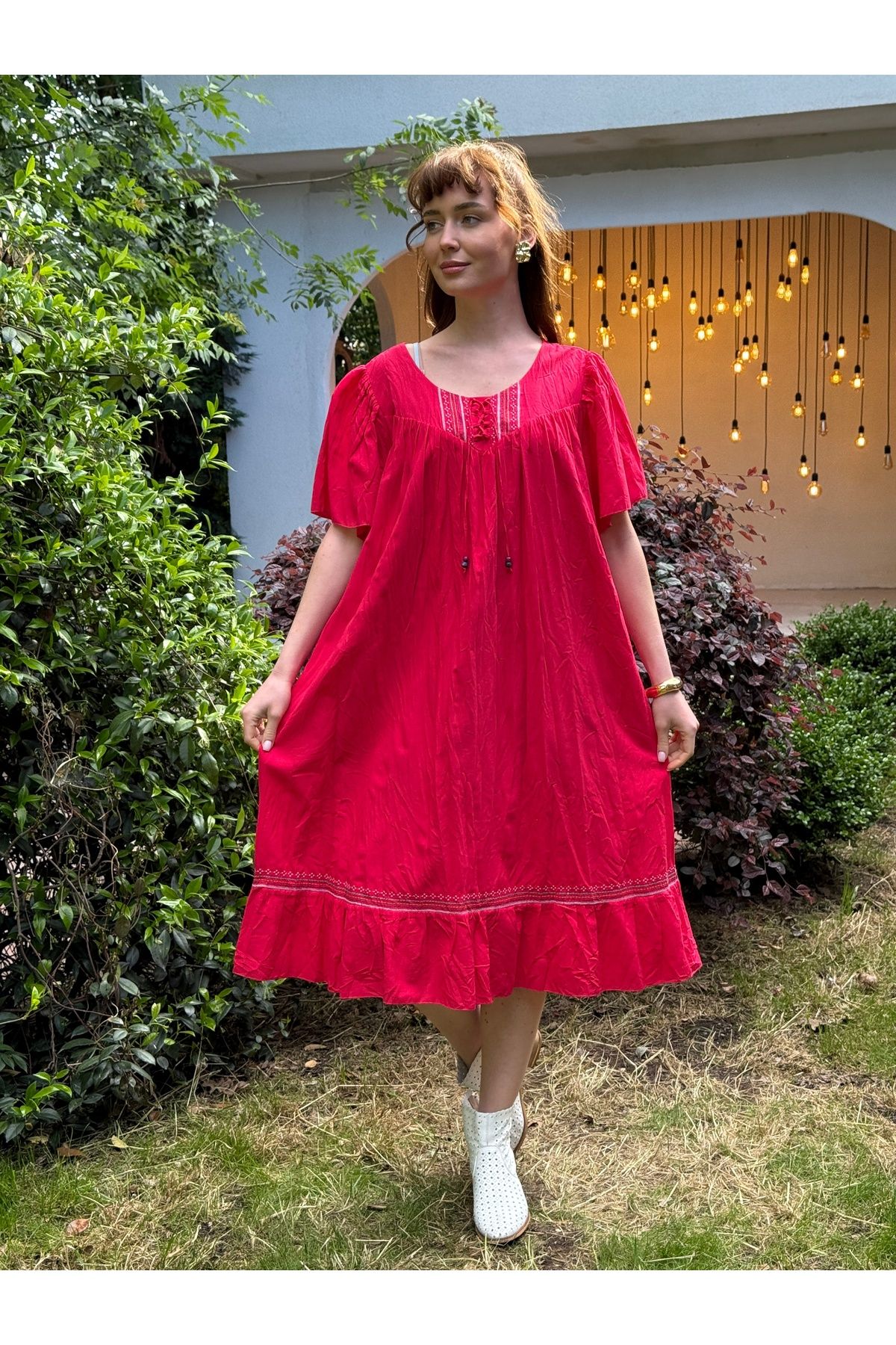 Butik Esra Kandemir YAZLIK PAMUKLU KUMAŞ ASTARLI BÜYÜK BEDEN ELBİSE - 1058