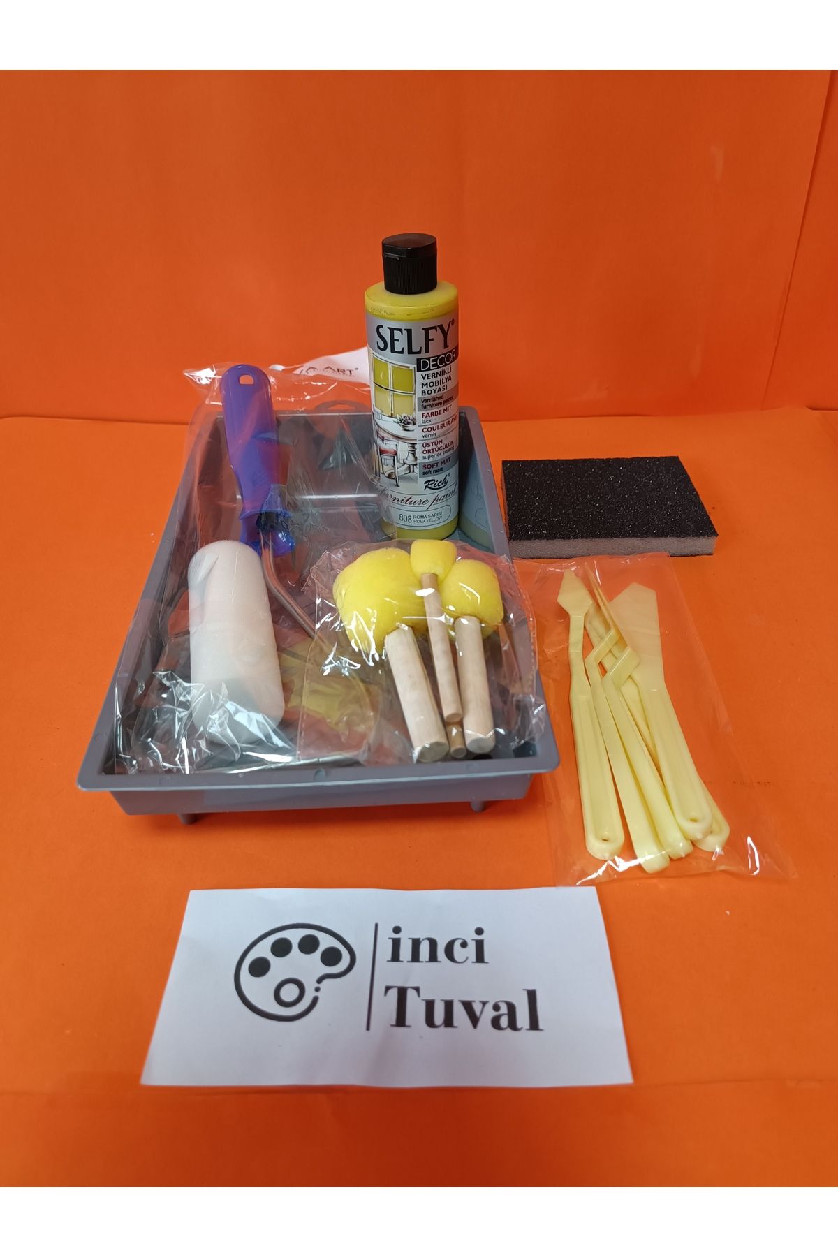 İNCİ TUVAL Mobilya Set Ahşap Boyama Selfy Decor Roma Sarısı 240cc Boya Kendinden Vernik Ponpon Rulo Spatula
