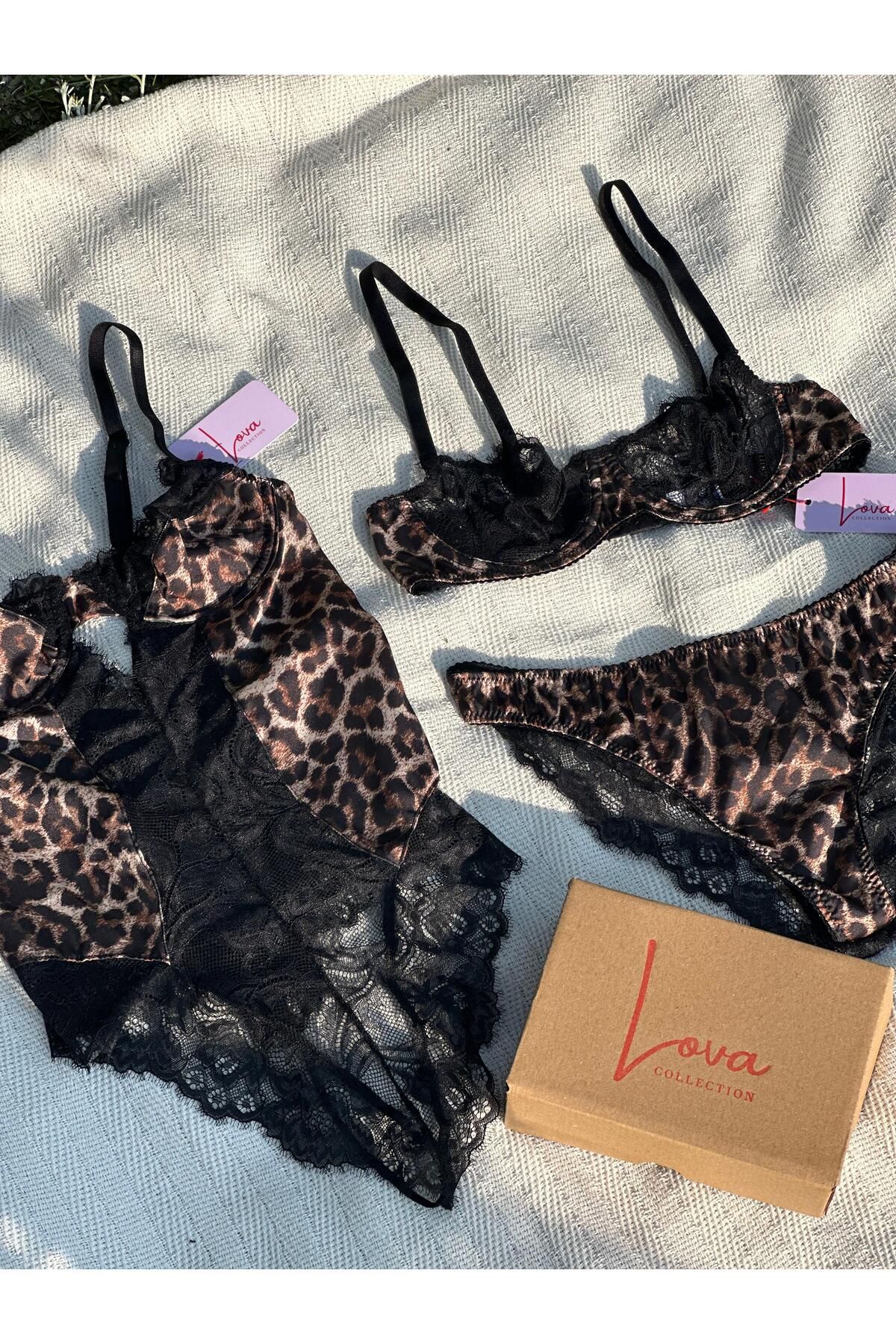 Lova Collection Vera Leopar Saten Sütyen Takımı Ve Bodysuit Üçlü Set