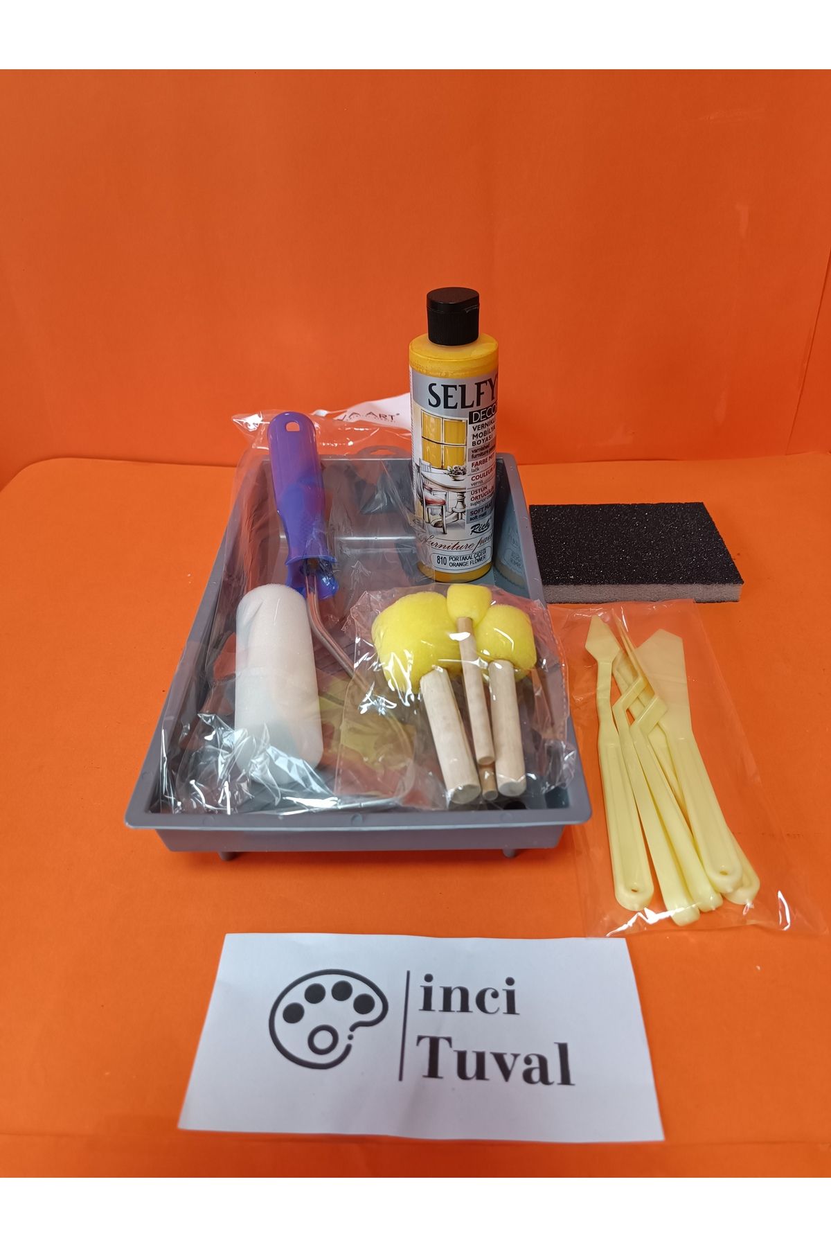 İNCİ TUVAL Mobilya Set Ahşap Boyama Selfy Decor Portakal Çiçeği 240cc Boya Kendinden Vernik Ponpon Rulo Spatula