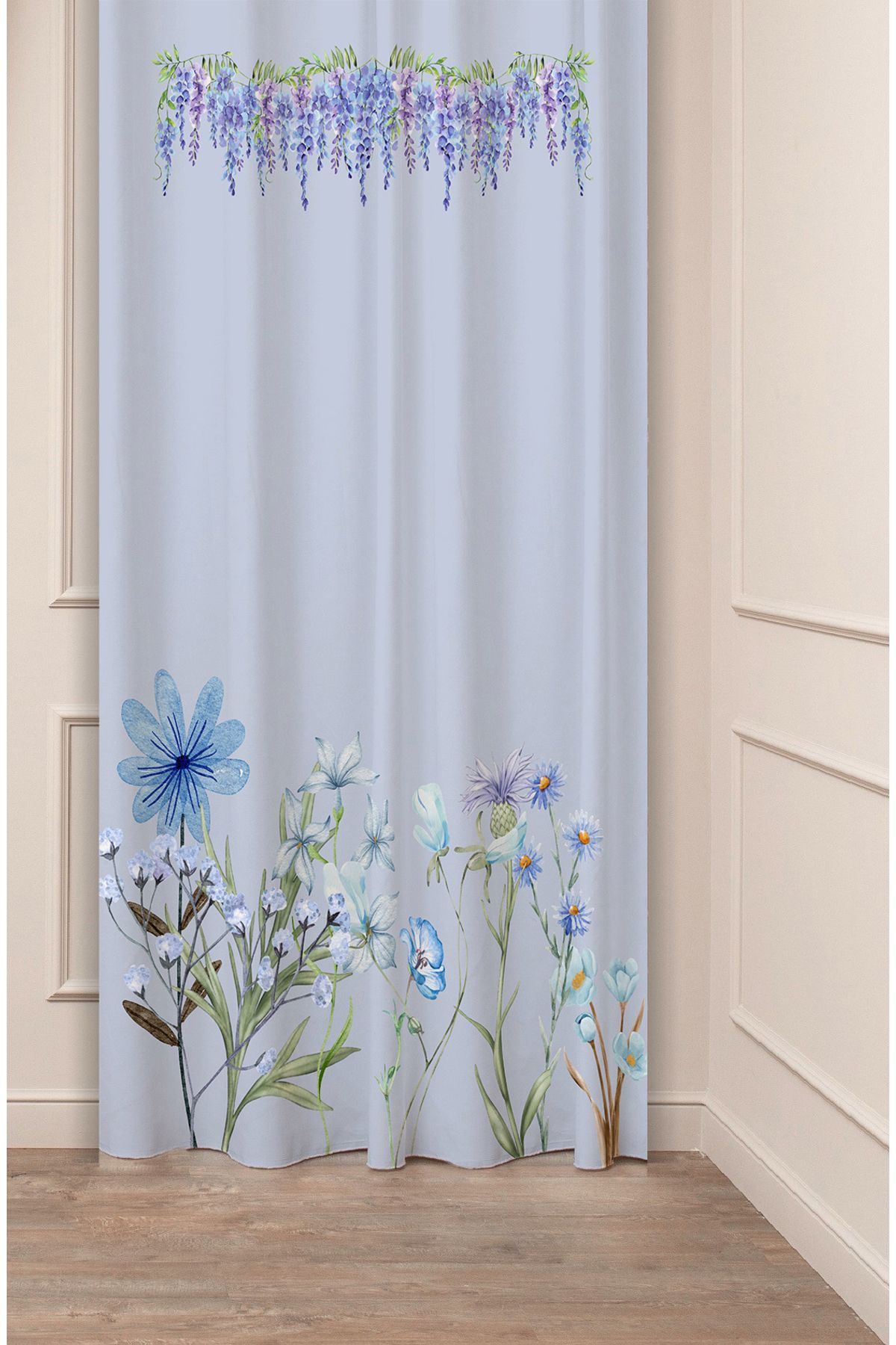 GREENDECOR Bohem Çiçekler Yaprak Bej Krem Desenli Özel Tasarım Dijital Baskılı (Tek Kanat) Modern Fon Perde