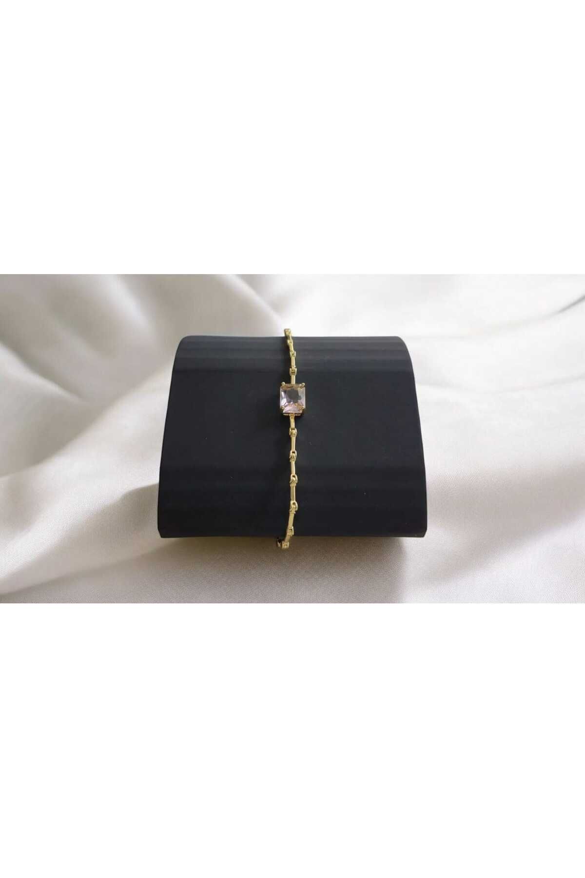 takısaat Kare Açık Pembe Zikron Taşlı Vip Gold Çelik Bileklik