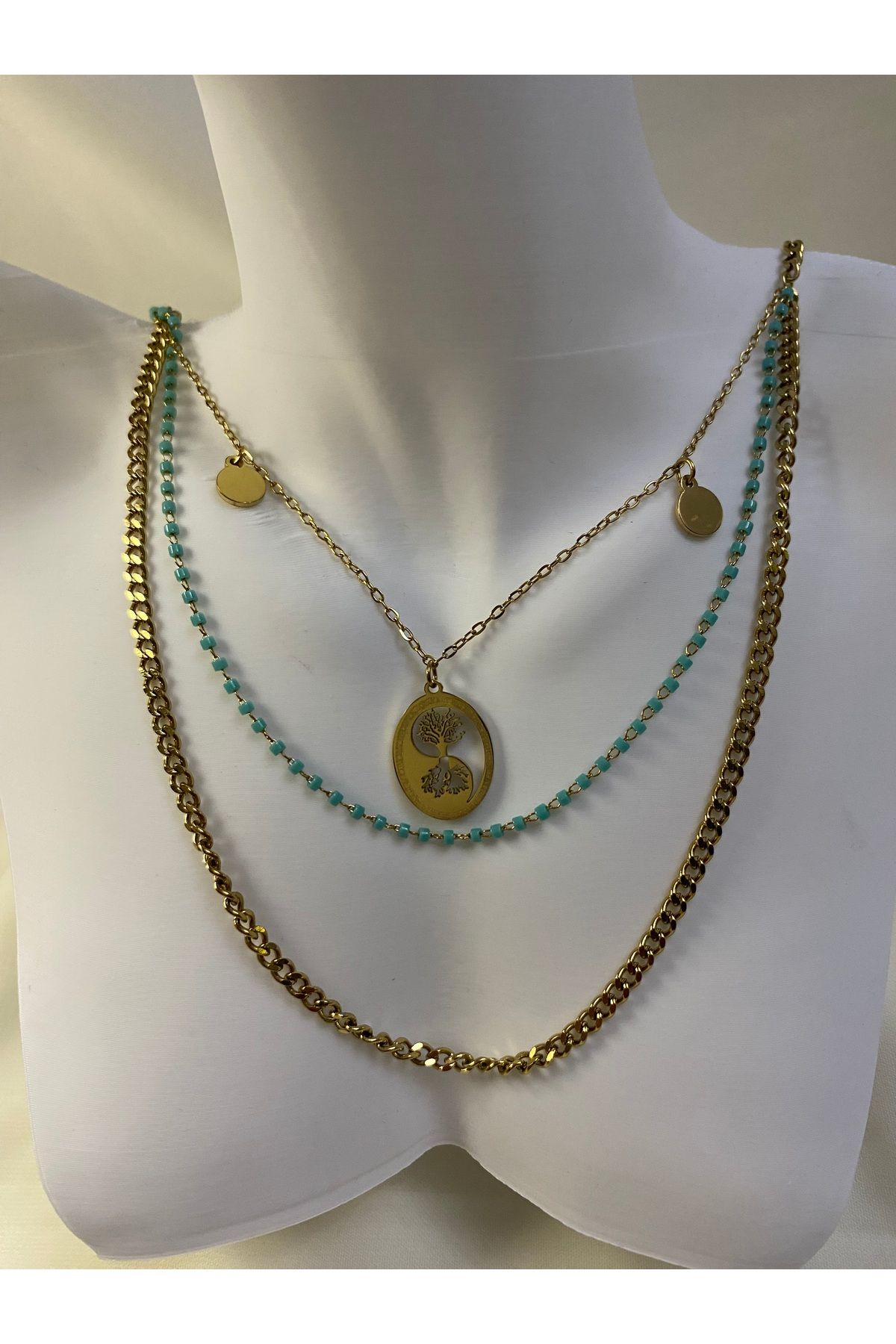 asem jewelry HAYAT AĞACI FİGÜRLÜ BOHEM TARZI ÇOK KATLI ÇELİK KOLYE