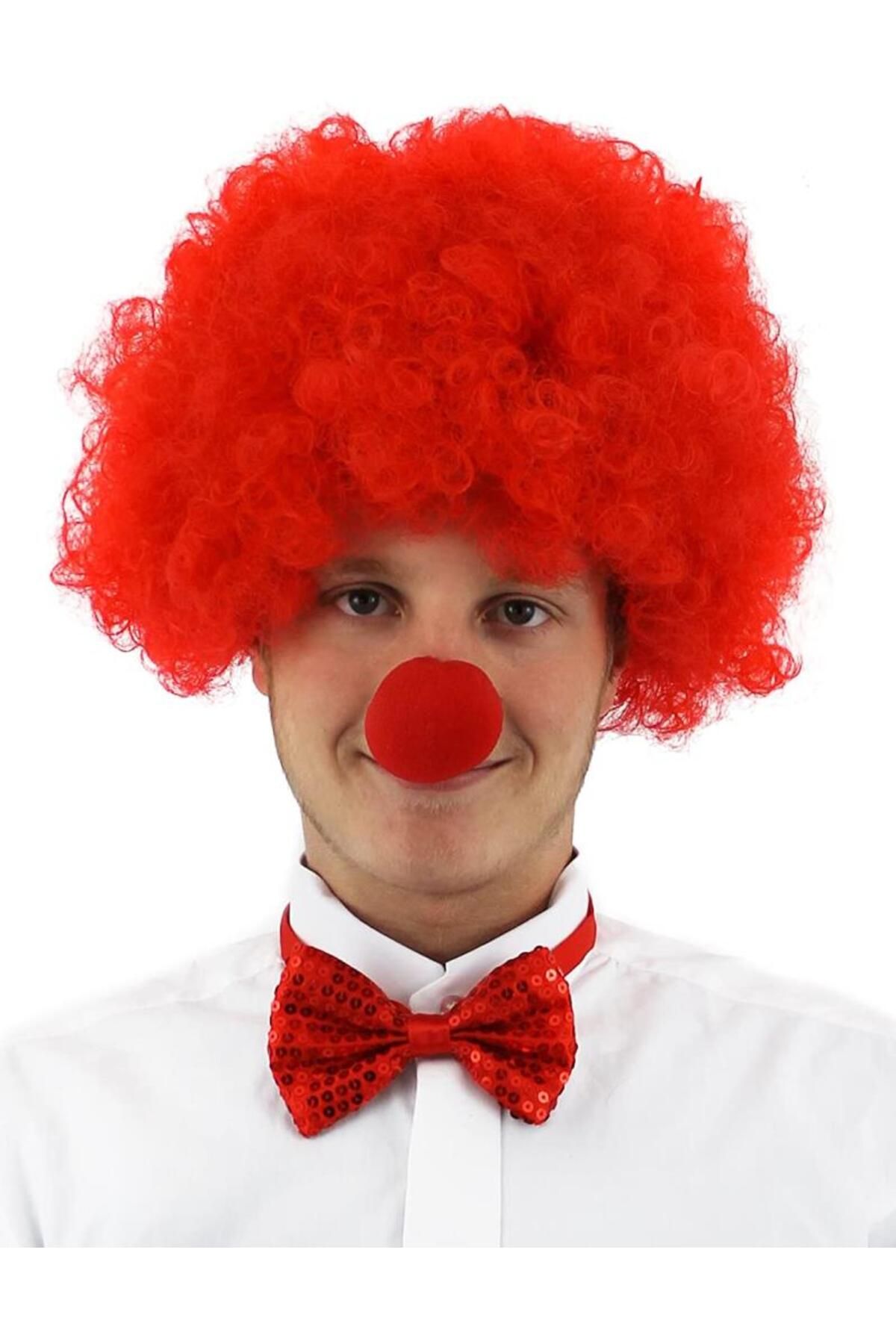 Kanonik Education Kırmızı Renk Kıvırcık Afro Bonus Peruk Takma Saç ve Kırmızı Burun Seti