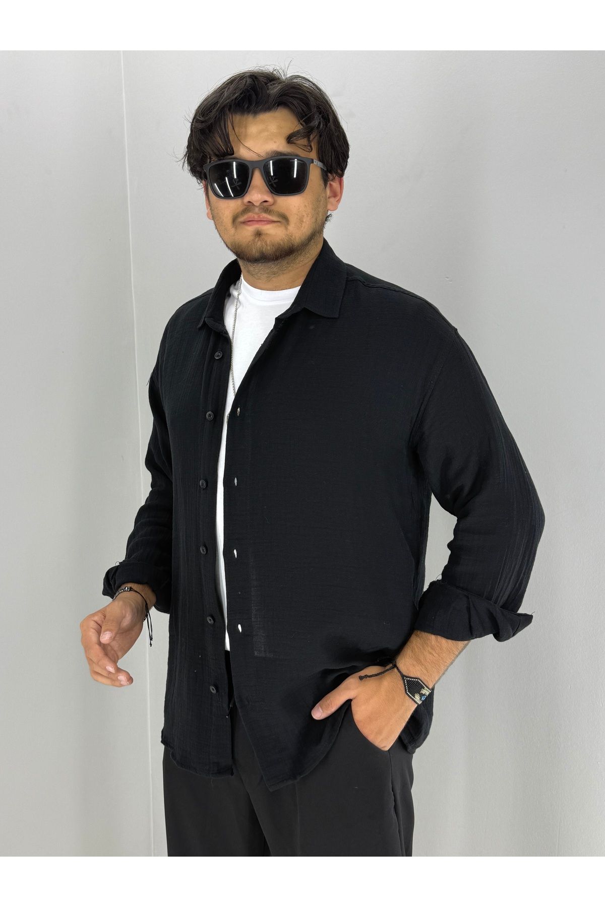 MARESHAL Müslin Oversize Rahat Kesim Gömlek (Siyah)