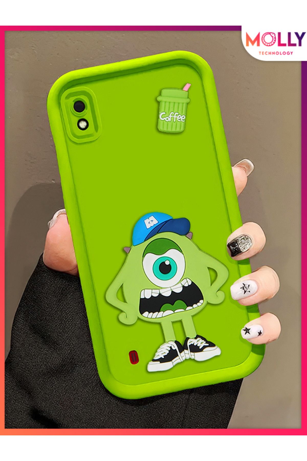Molly Samsung Galaxy A10 İçin Yeşil Kenarları Kalın 3d Kabartmalı Sevimli Canavar Mike Silikon Kılıf