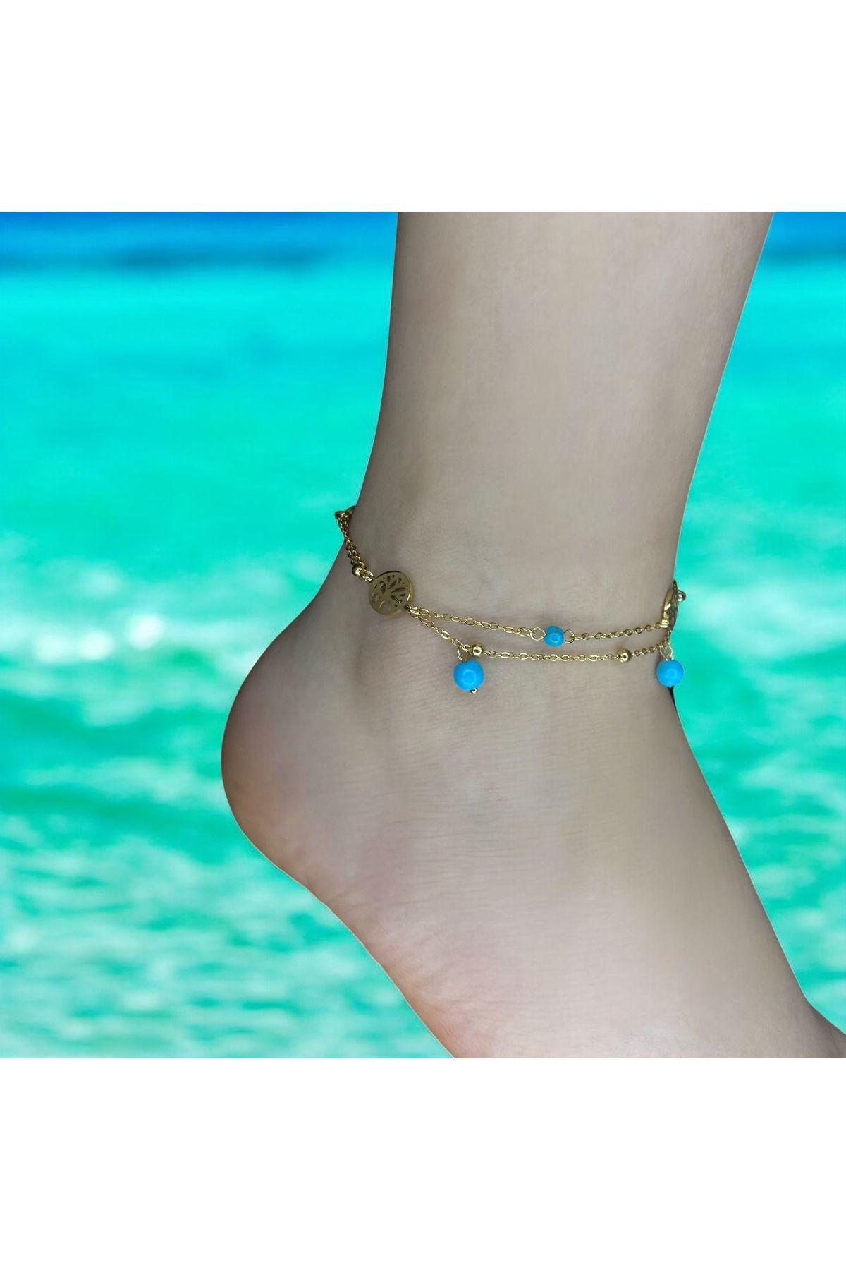 HNG JEWELRY Çelik Gold Renkli Mavi Boncuk Halhal