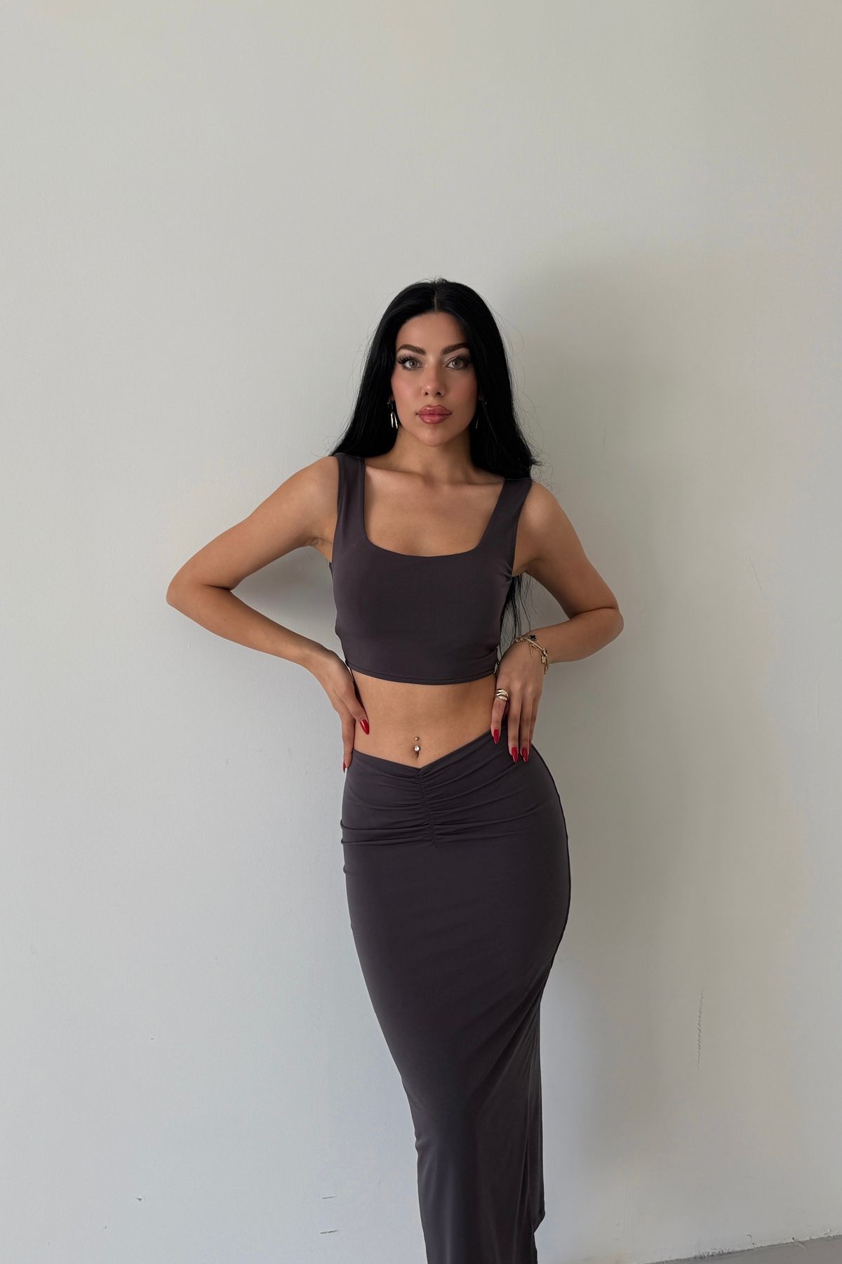FEWTİNT-Skirt Suit - Front Tie Detail, Lined, Midi Length Skirt. Thick Straps, Crop Bluz. 5