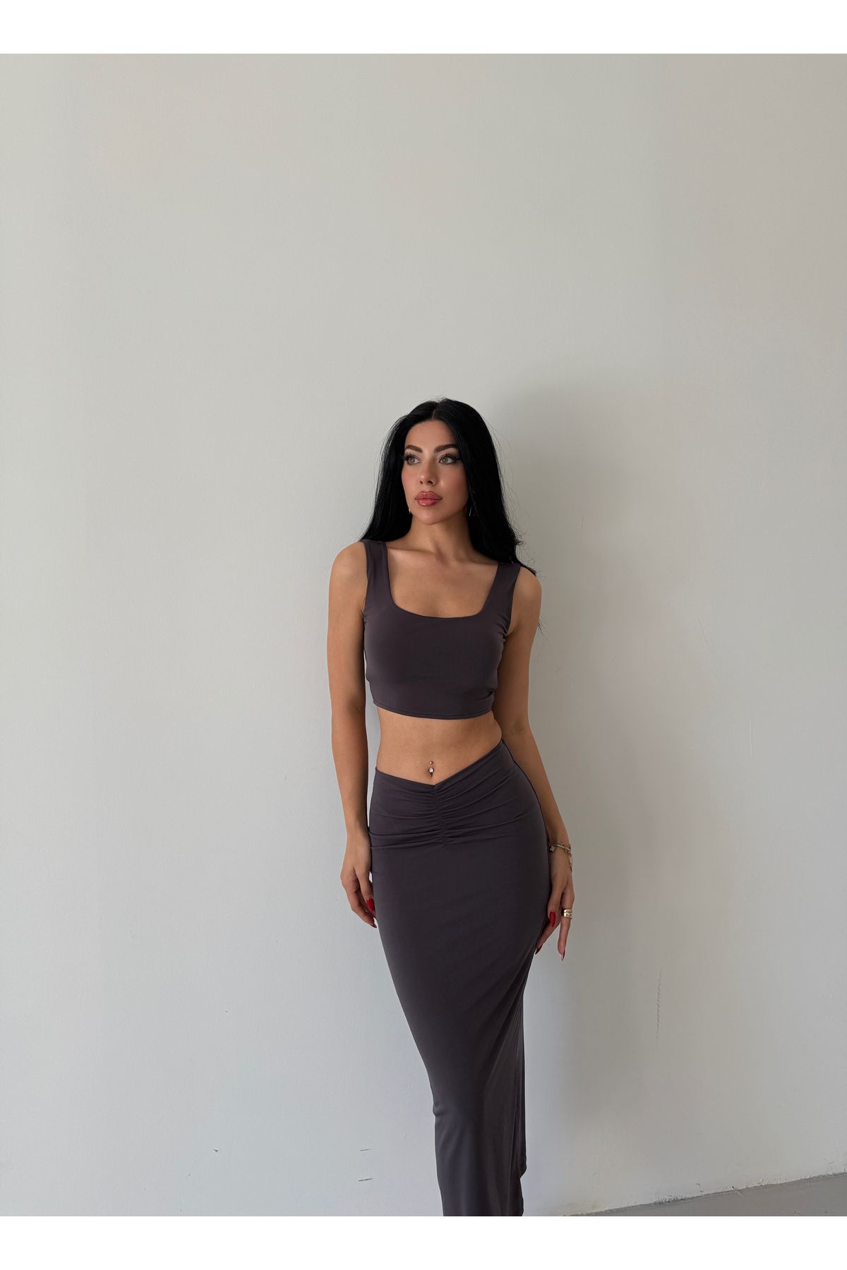 FEWTİNT-Skirt Suit - Front Tie Detail, Lined, Midi Length Skirt. Thick Straps, Crop Bluz. 6
